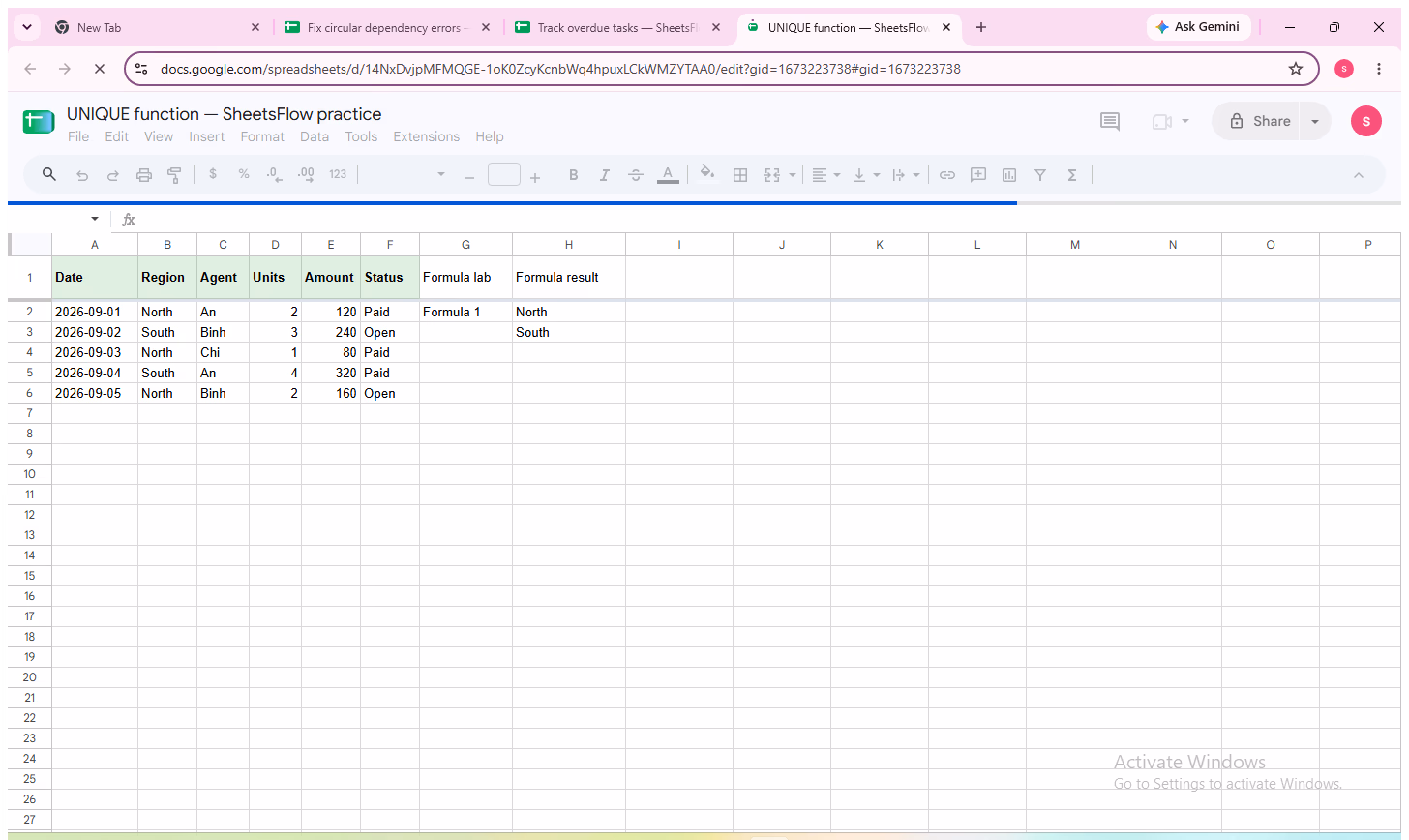 Complete Google Sheets source table before formula verification.