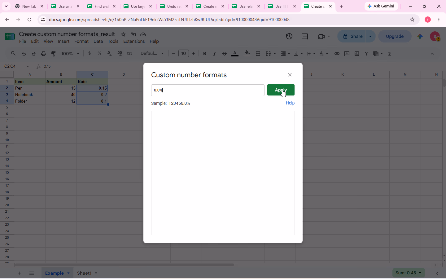 Custom number formats dialog contains 0.0% with the pointer on Apply.