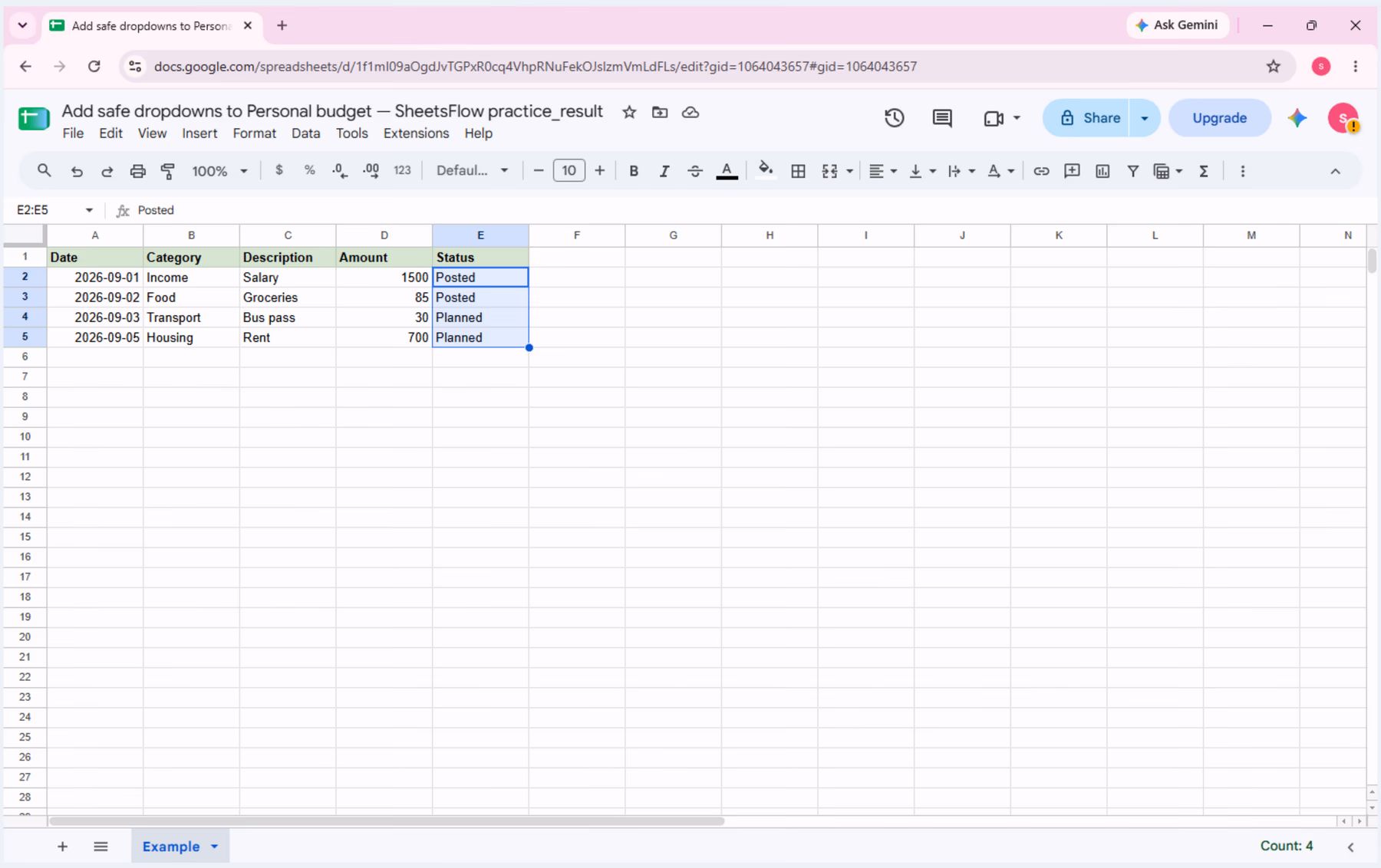 The Status range E2:E5 is selected in the _result workbook; the E1 header is excluded.