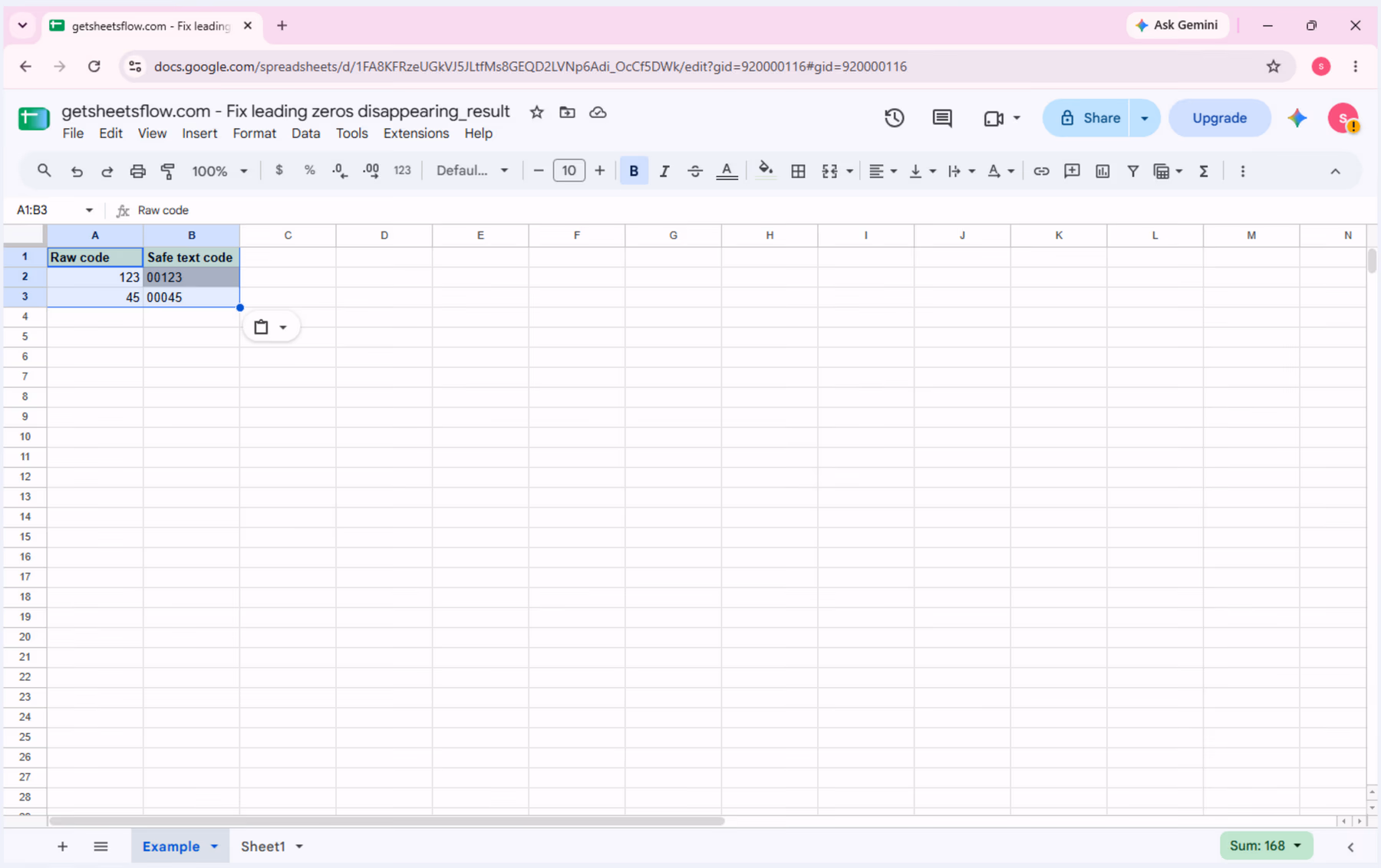 Final Google Sheets checkpoint with Raw code values 123 and 45 and Safe text code values 00123 and 00045.
