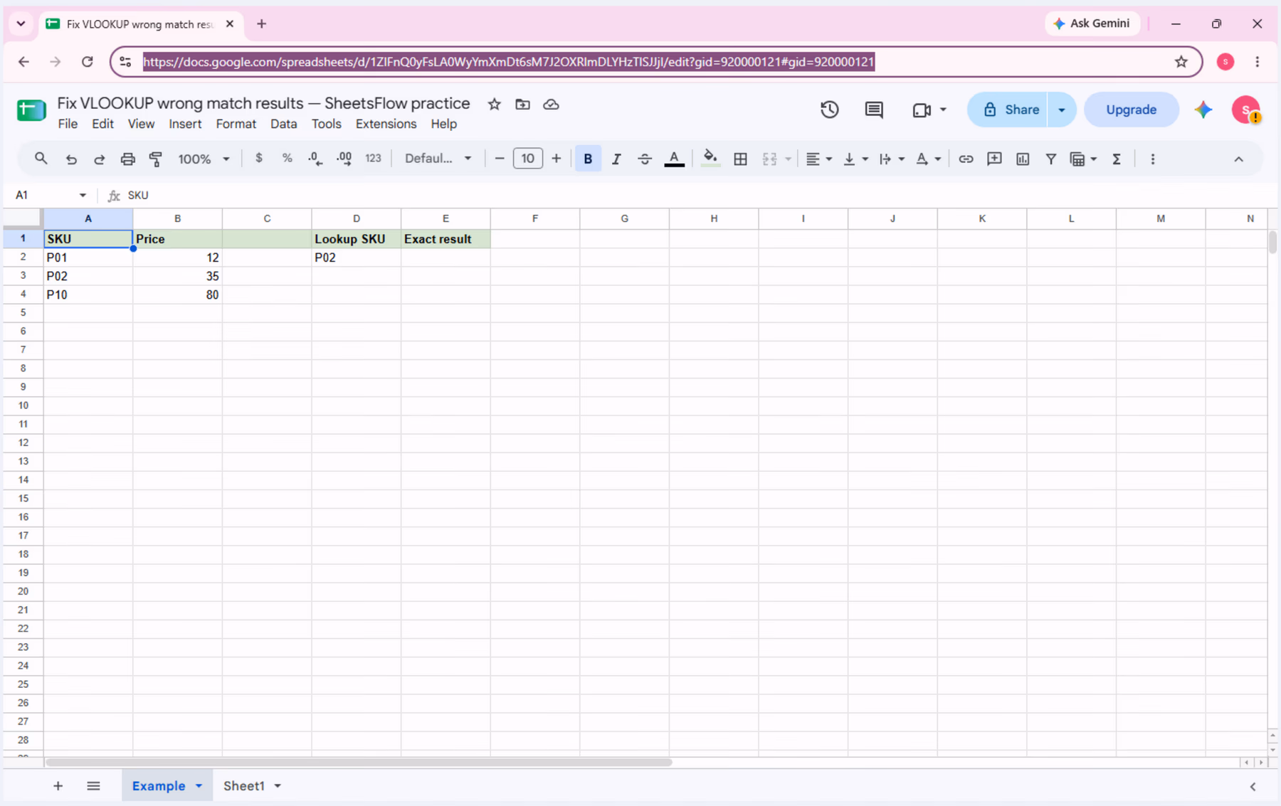 Google Sheets practice table with SKU values P01, P02, P10 and lookup key P02 before the VLOOKUP test.