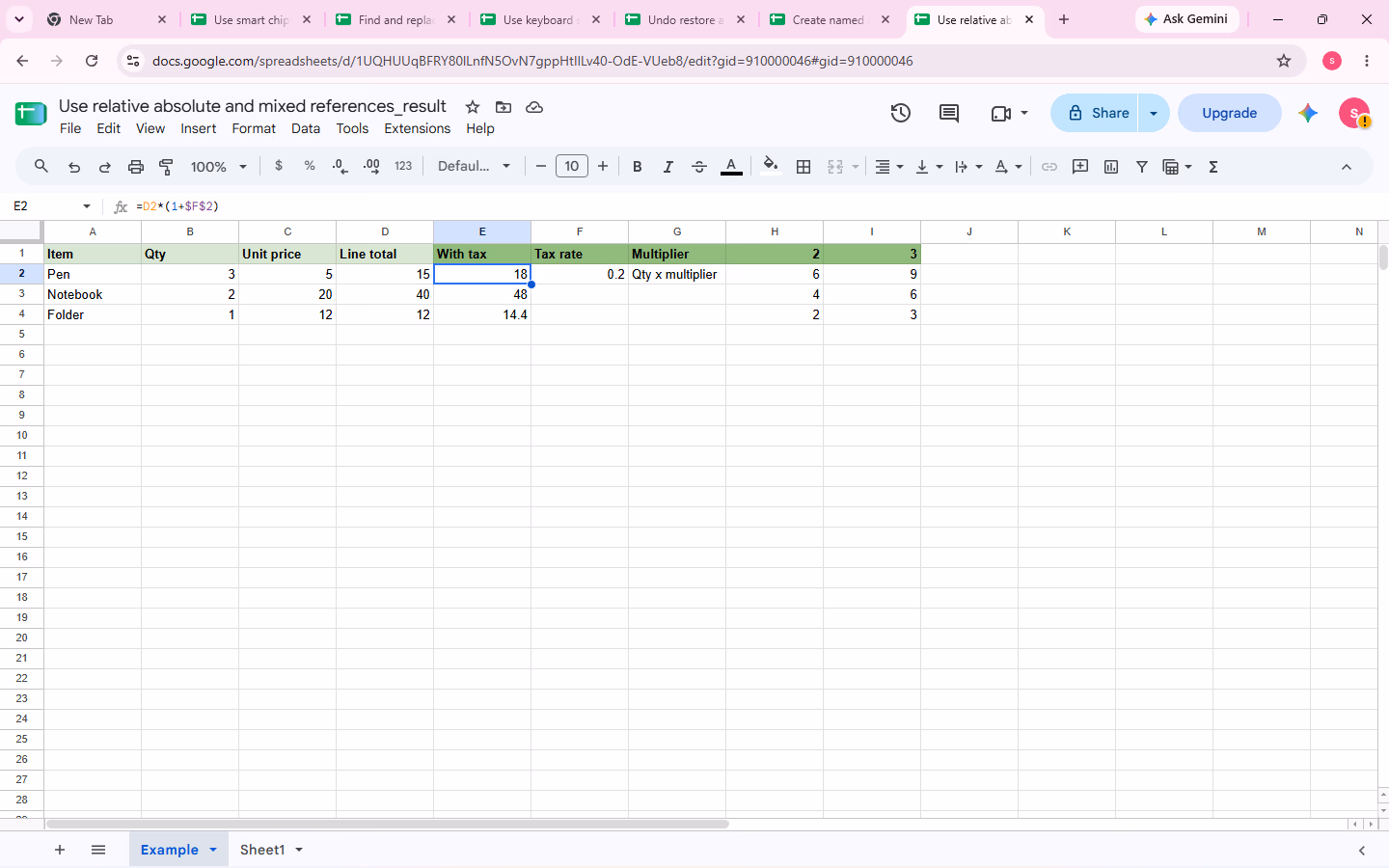 F2 changed to 0.2 and E2 recalculated to 18 to test the absolute reference.
