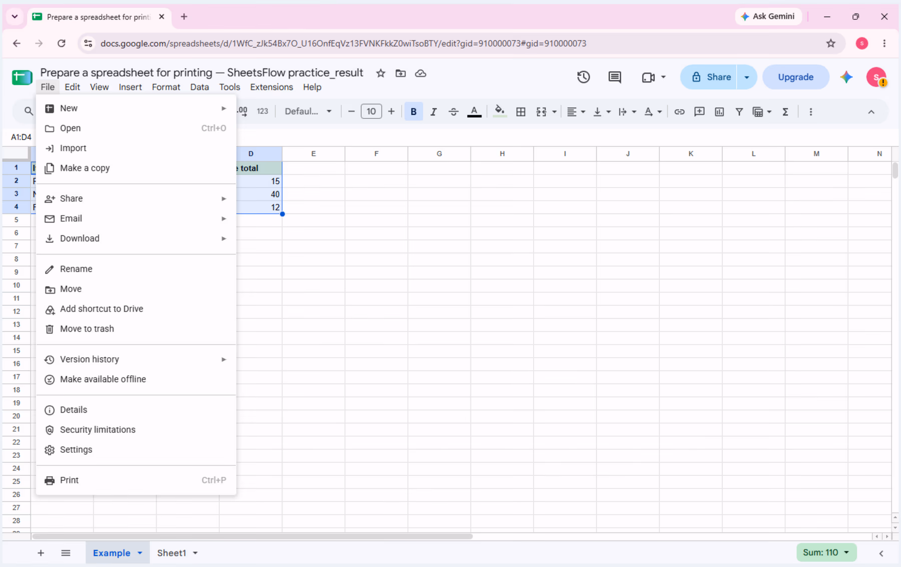 The File menu is open and the Print command is visible.