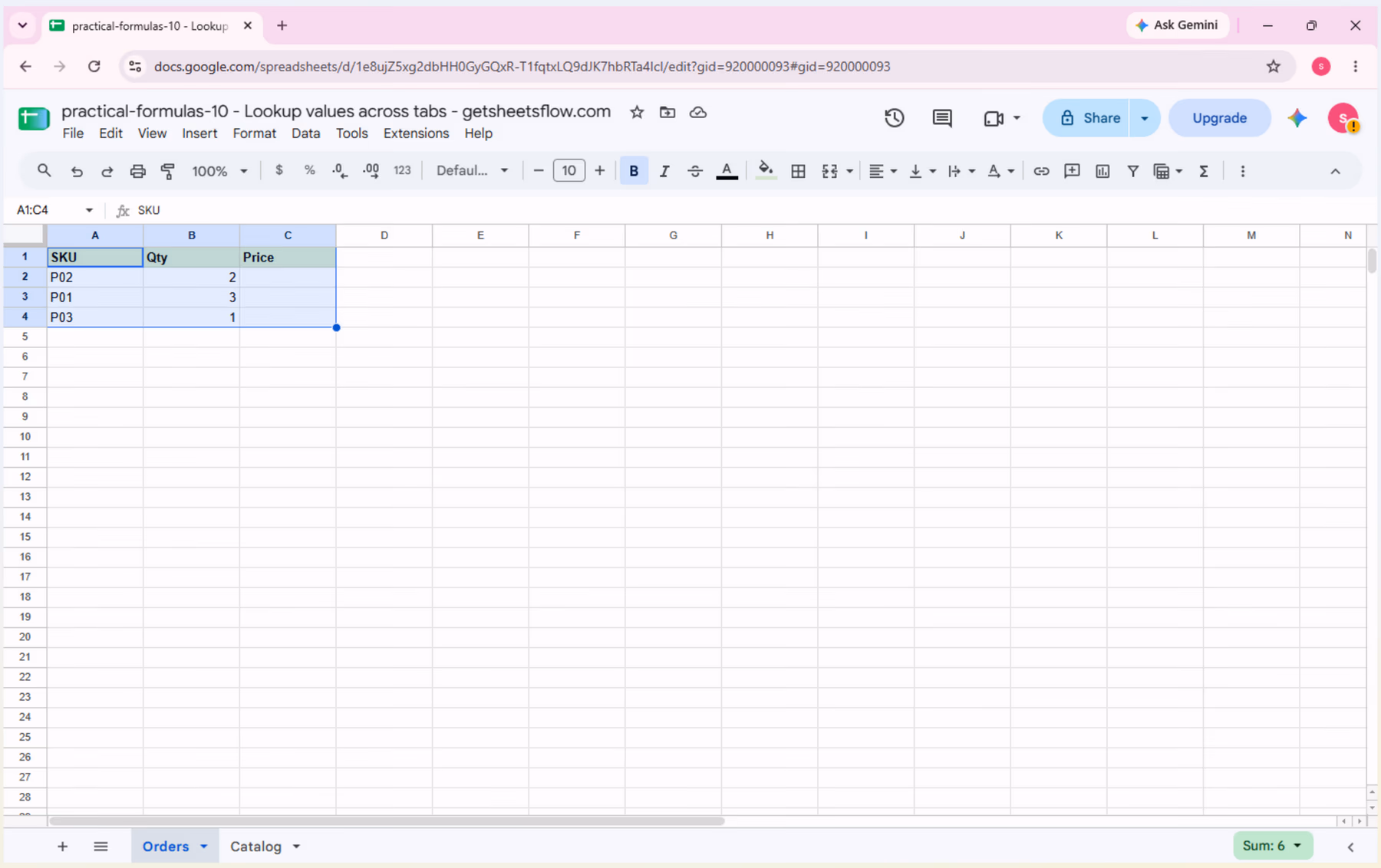 The practical-formulas-10 source workbook in Google Sheets with Orders selected, showing SKU, Qty, and an empty Price column.