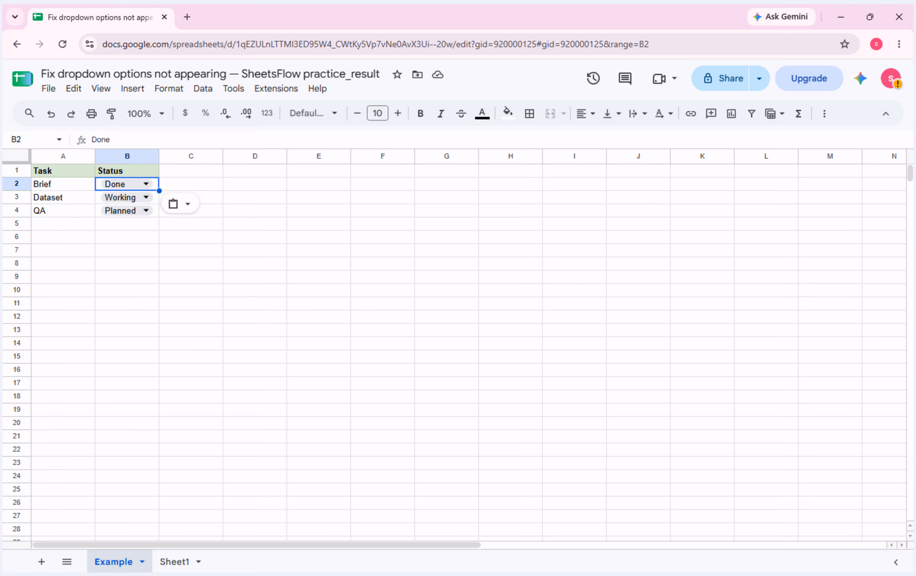 The sample is restored to Done, Working, and Planned after the validation test.