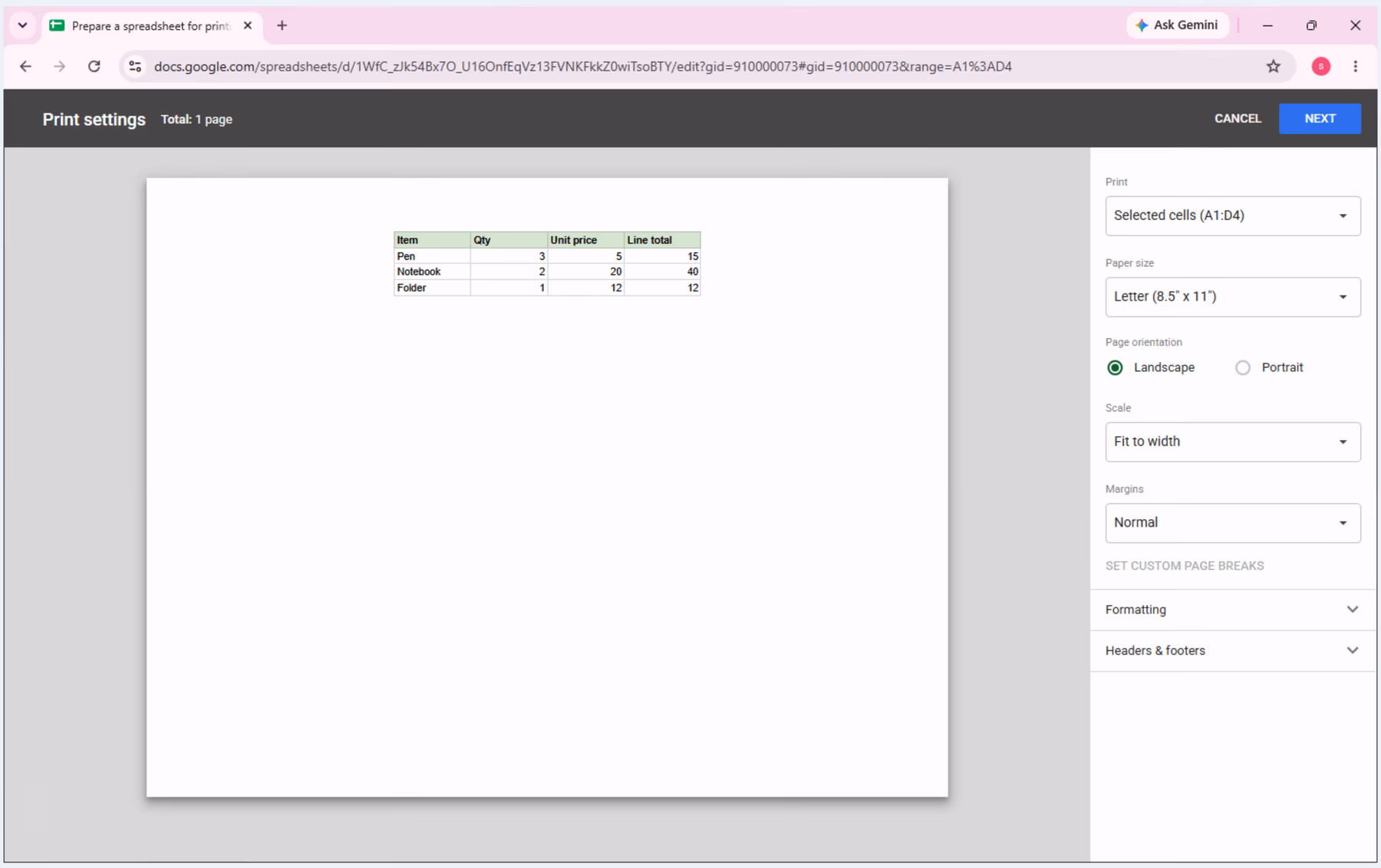 After checking the preview and returning, A1:D4 remains unchanged.