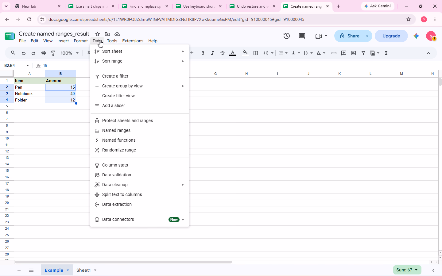 Google Sheets Data menu open with the Named ranges command visible.