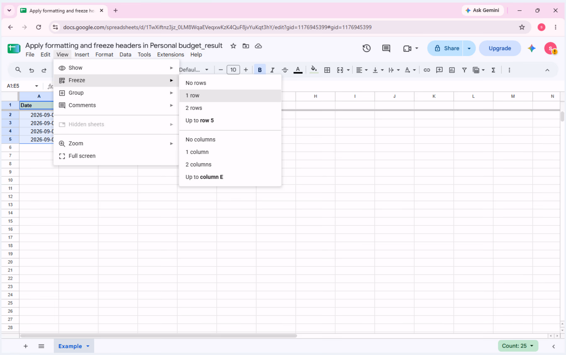 Google Sheets View menu with Freeze submenu open and the 1 row command shown for freezing the header.