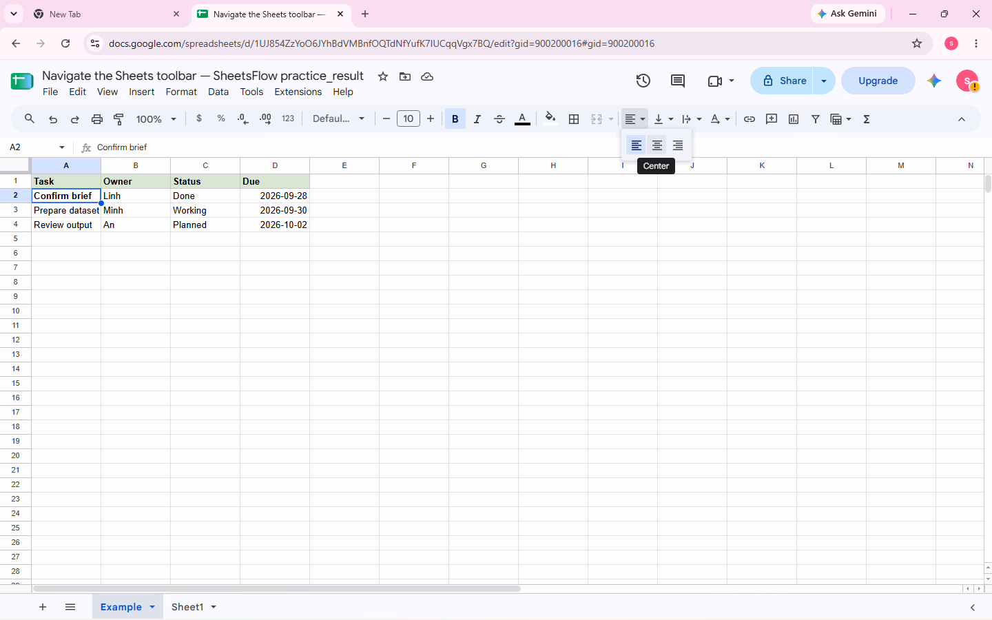 The Horizontal align menu is open with the pointer directly on Center.