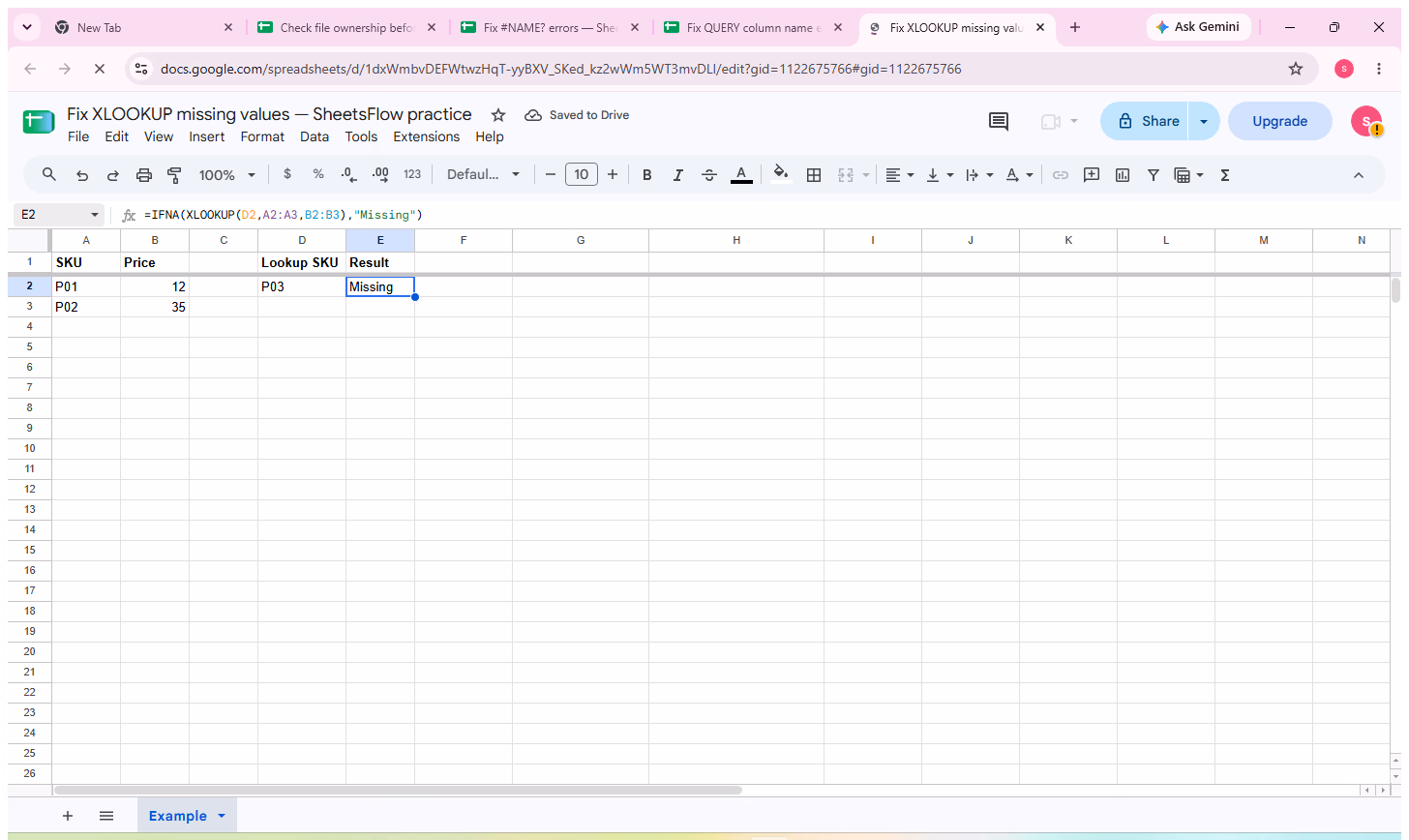 Google Sheets with E2 selected, the IFNA and XLOOKUP formula visible in the formula bar, the calculated Missing result, and the complete source table visible.