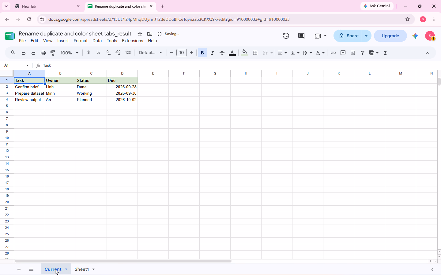 The Example tab has been renamed to Current.