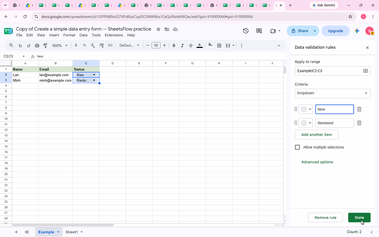The dropdown rule editor shows Example!C2:C3 with the New and Reviewed options, and the pointer is on Done.