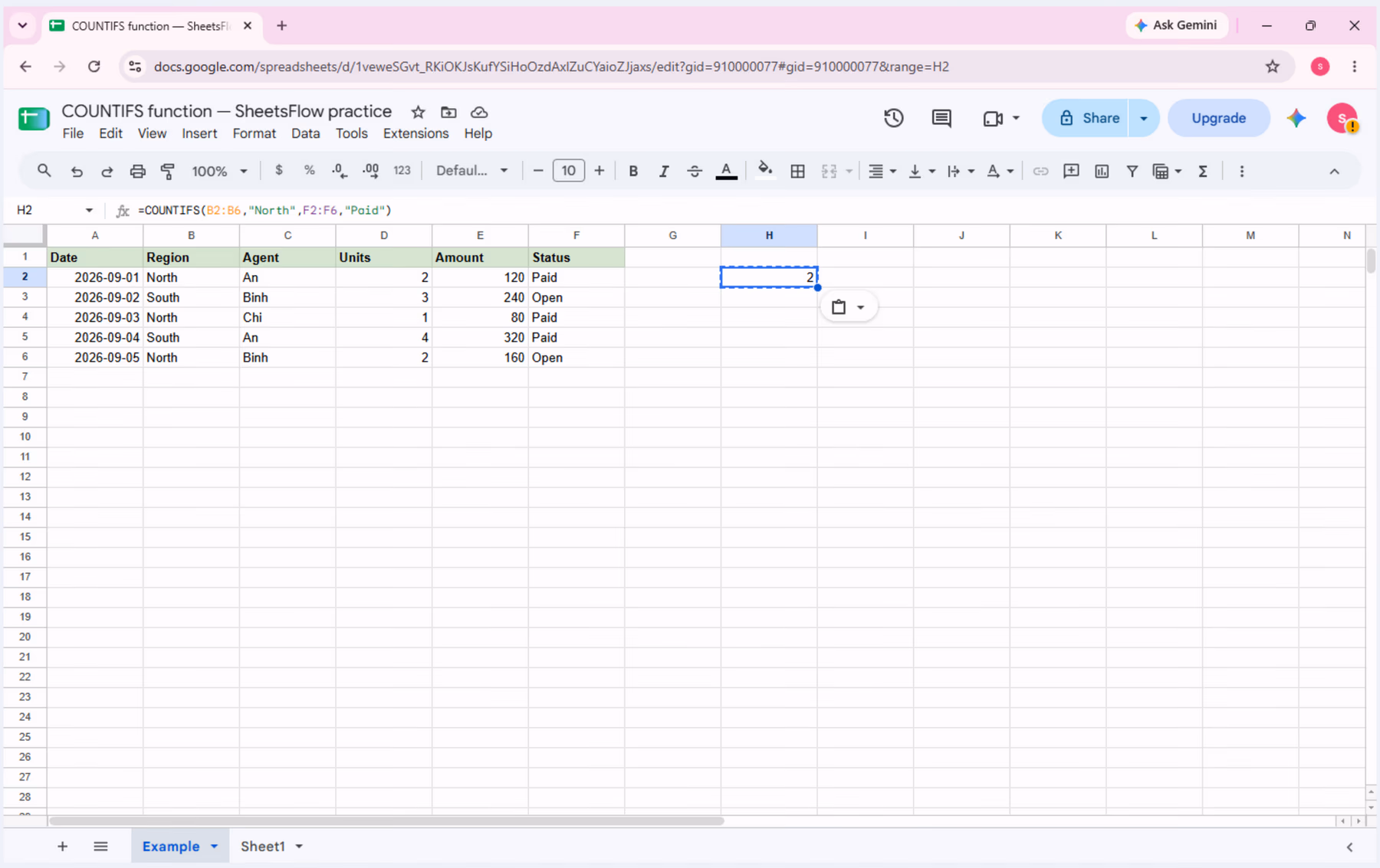 Cell H2 is selected; the formula bar shows the COUNTIFS formula and the calculated result is 2.