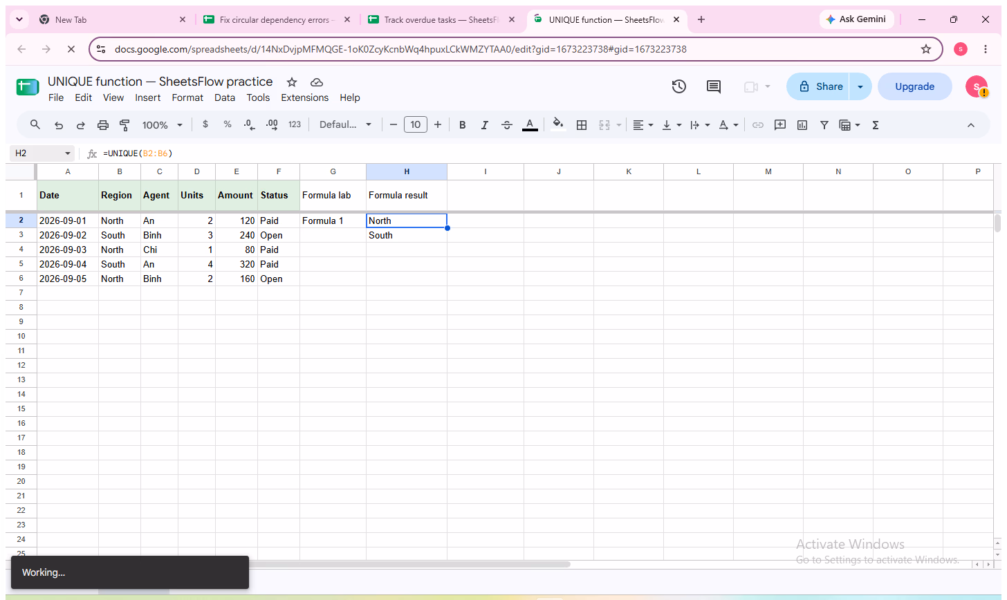 The result cell is selected with the formula visible in the formula bar and the complete source table available for comparison.