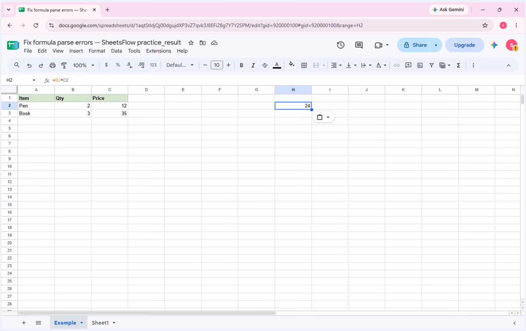 Google Sheets _result workbook with H2 selected, the corrected =B2*C2 formula visible, result 24 displayed, and the source table still unchanged.
