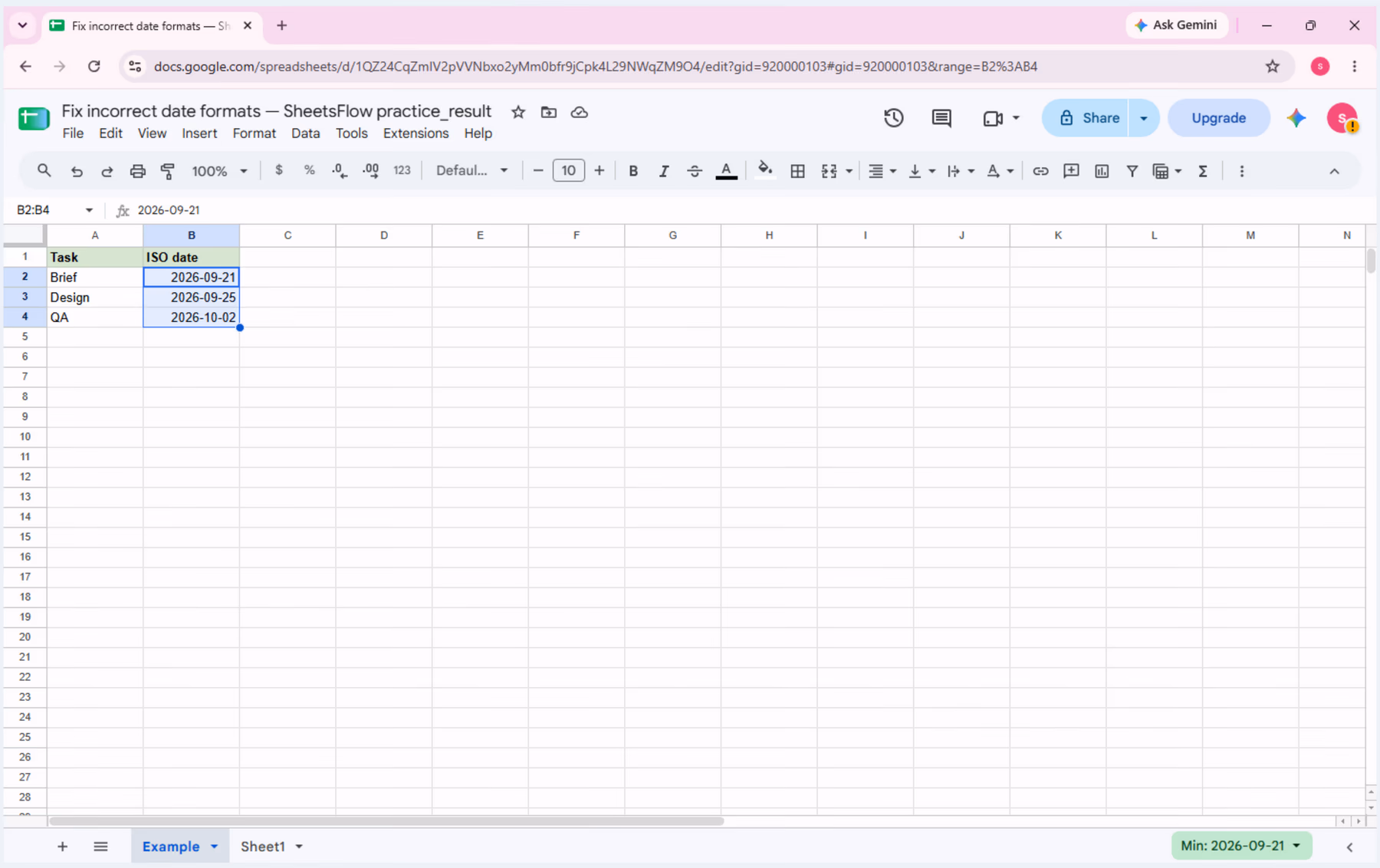 B2 selected in Google Sheets before changing the date number format; the source date is 2026-09-21.