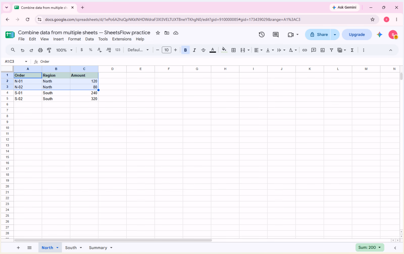 The South tab in Google Sheets shows Order, Region, Amount with rows S-01 and S-02 before consolidation.