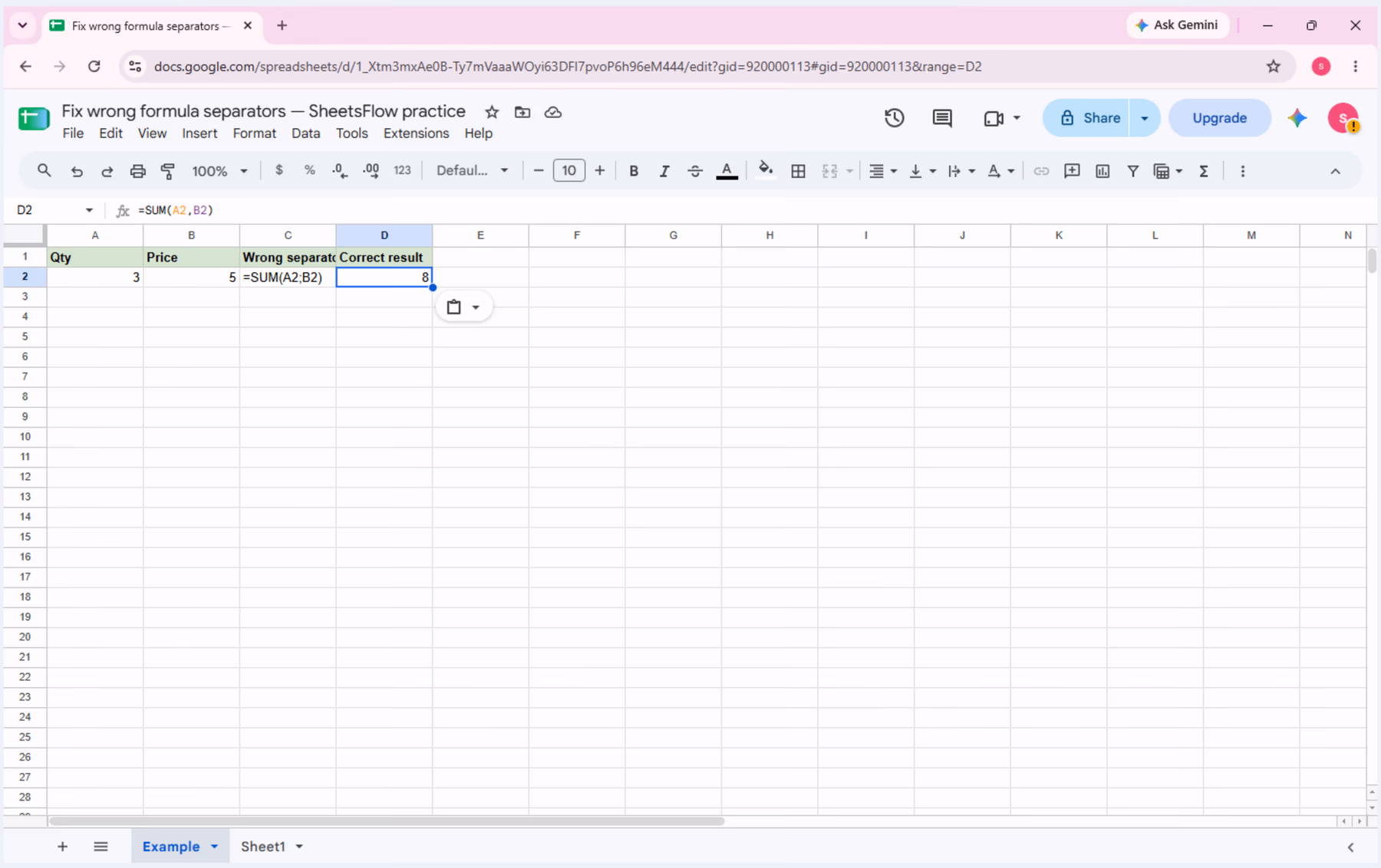 Cell D2 selected with =SUM(A2,B2) visible in the formula bar and result 8 in the sheet.