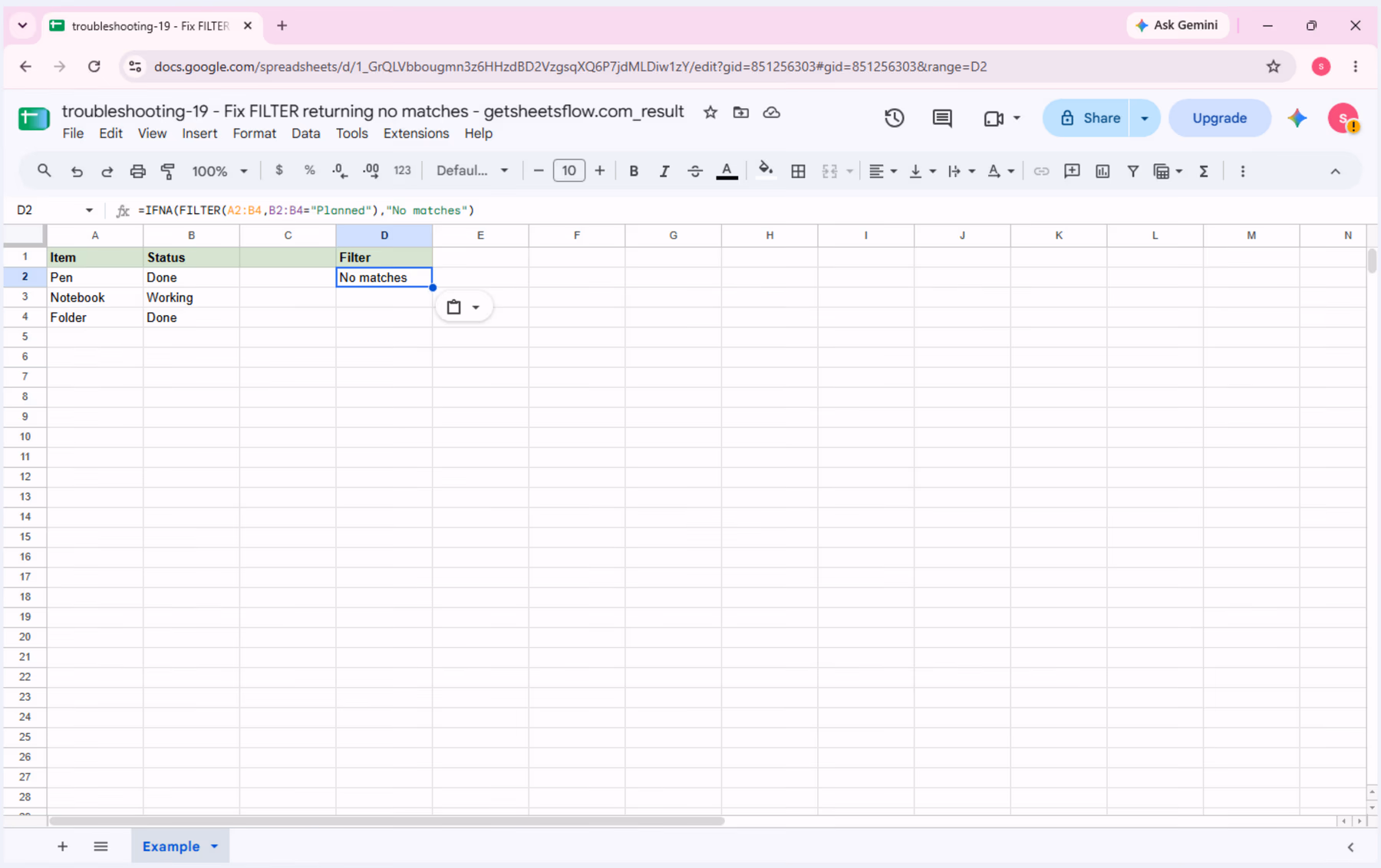 Ô D2 hiển thị No matches sau khi nhập công thức IFNA(FILTER(...)) trong Google Sheets.