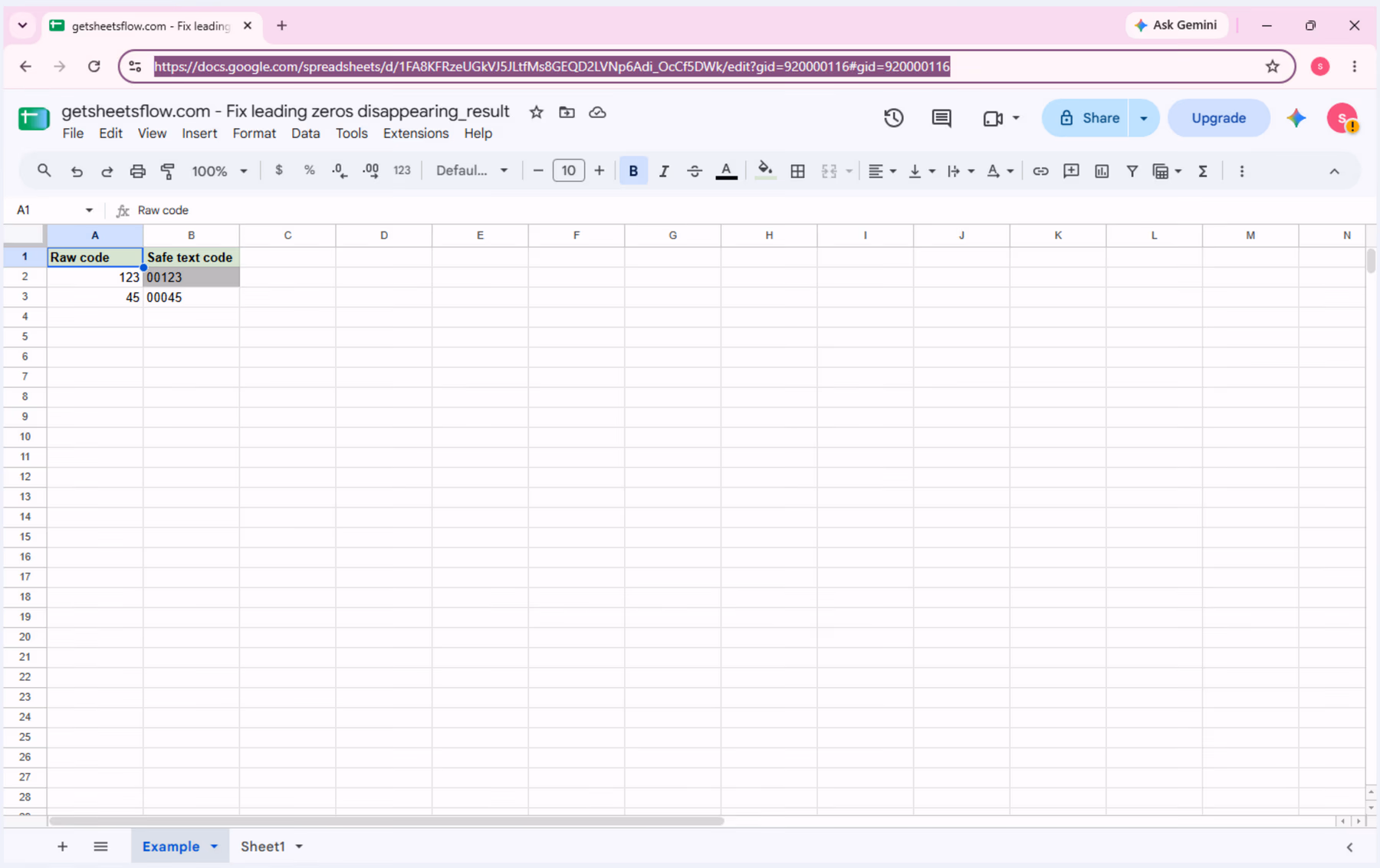 Current Google Sheets result workbook showing Raw code and Safe text code values before re-running the troubleshooting steps.