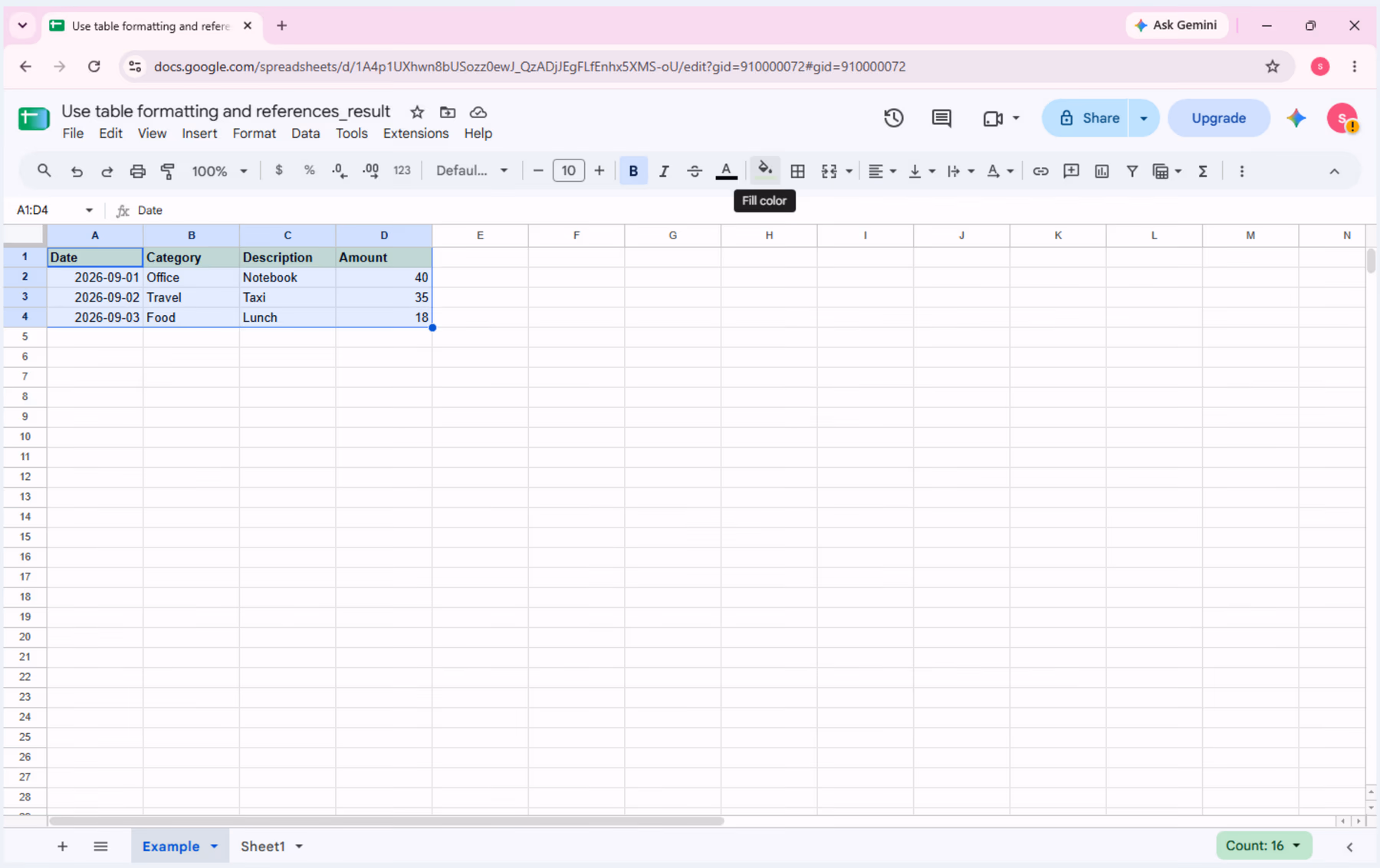 A1:D4 selected to verify the table structure.
