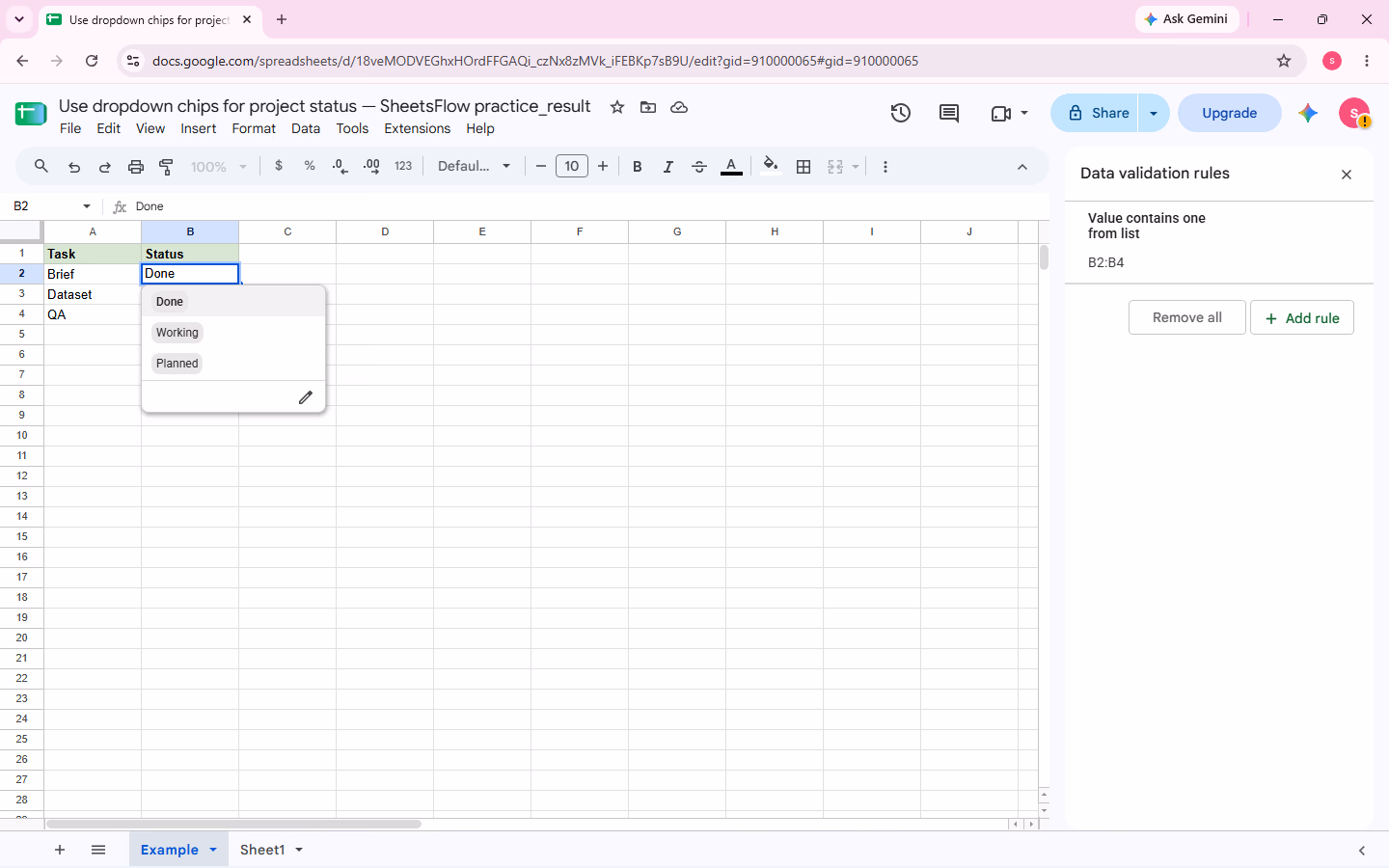 The dropdown in a target Status cell is open so the allowed choices can be verified.