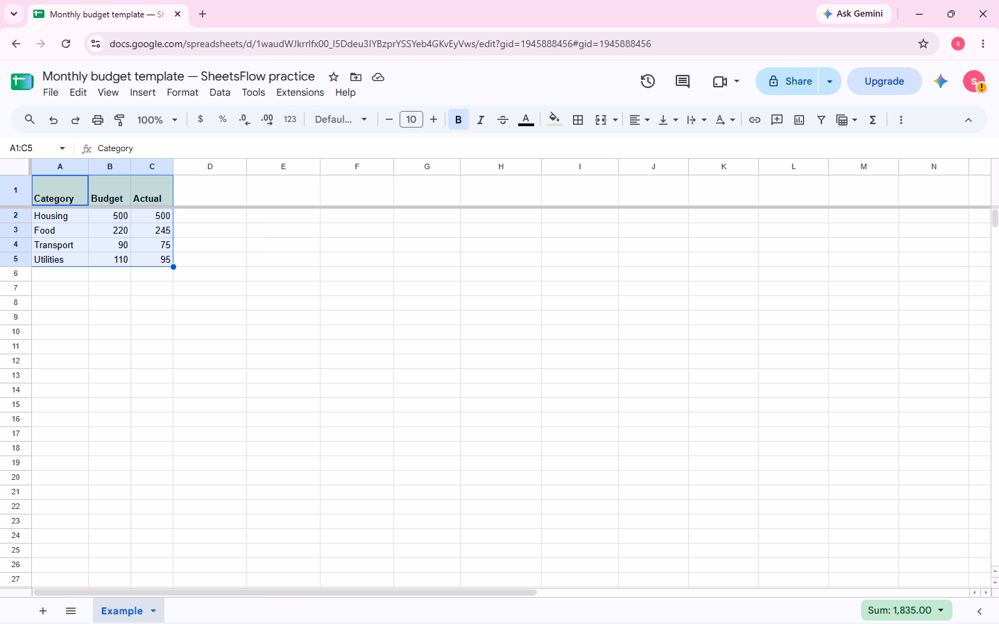 Clean source workbook with Category, Budget, and Actual in A1:C5.