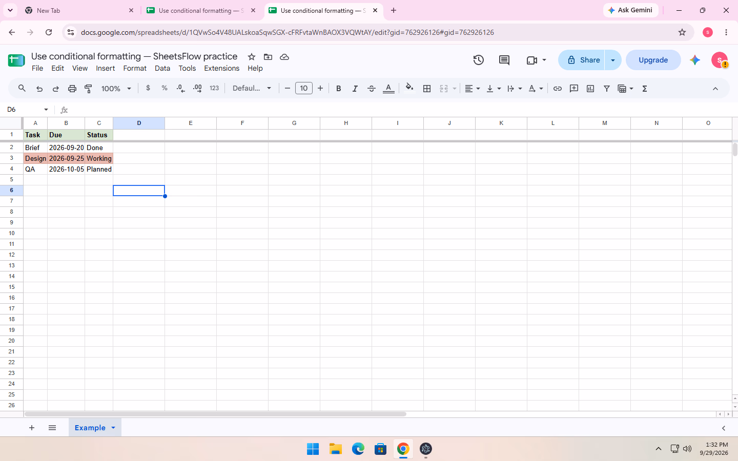 Final Google Sheets result with the Design row highlighted because Status is Working, while Brief and QA remain unhighlighted.