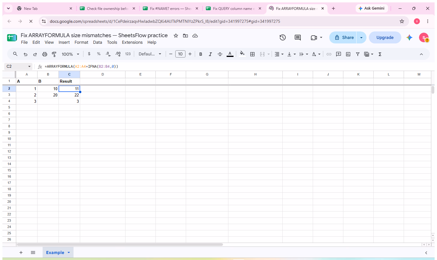 The result cell is selected with the formula visible in the formula bar and the complete source table available for comparison.
