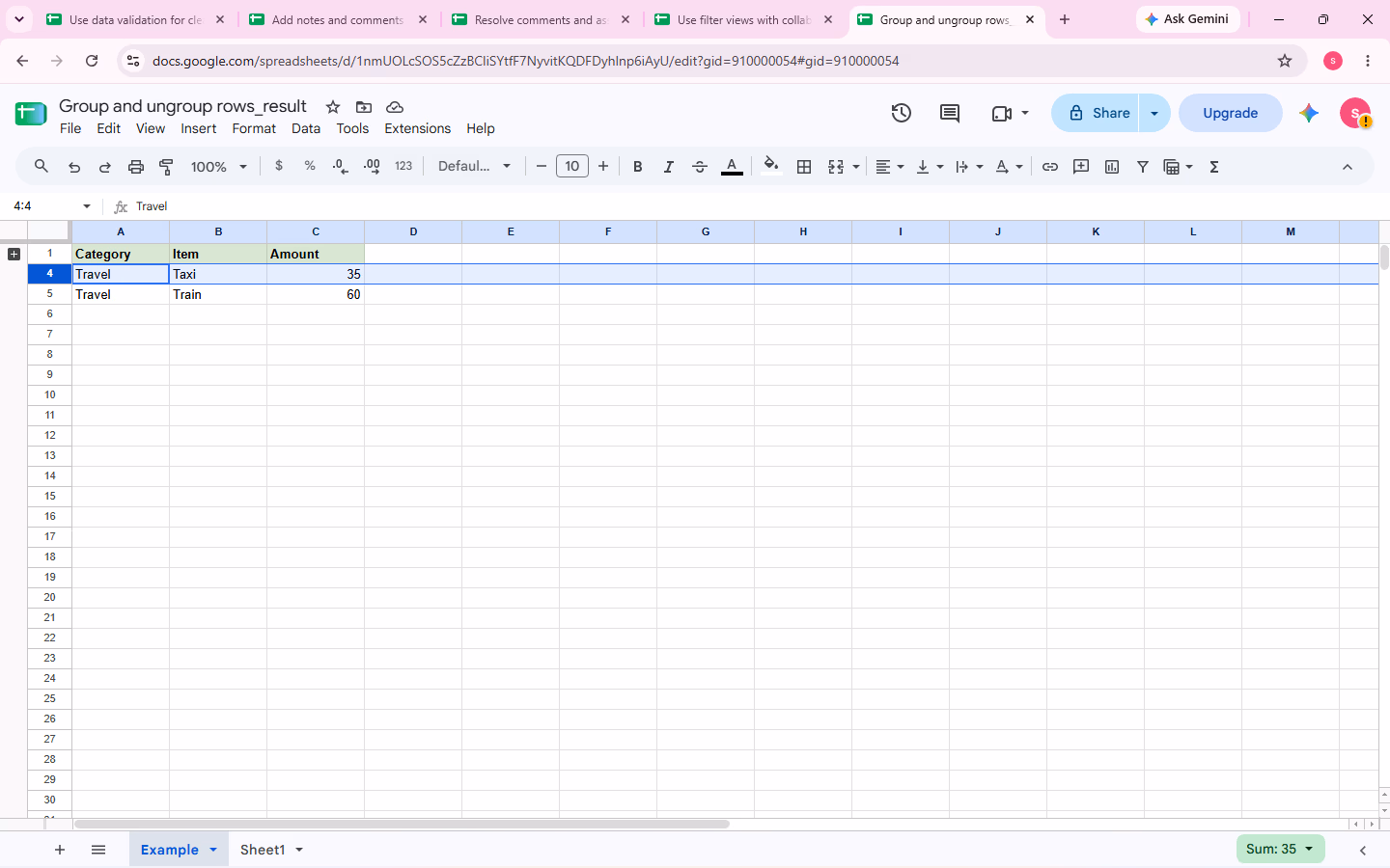 Verified group/ungroup rows evidence for step 3