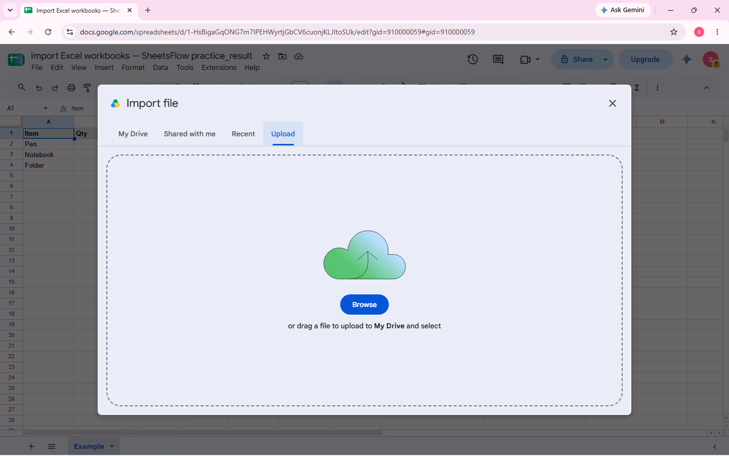 The Import file dialog on the Upload tab, with the Browse control visible for selecting an Excel workbook.