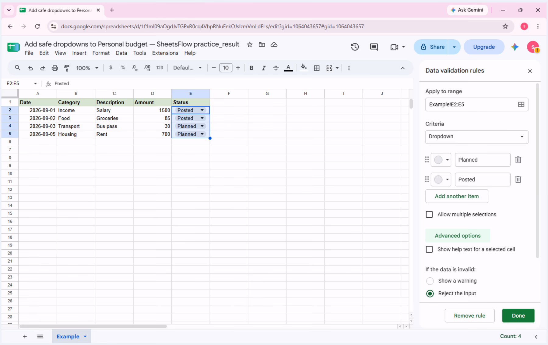 The rule editor shows Apply to range E2:E5, a Dropdown with Planned and Posted, Reject the input, and the Done button.