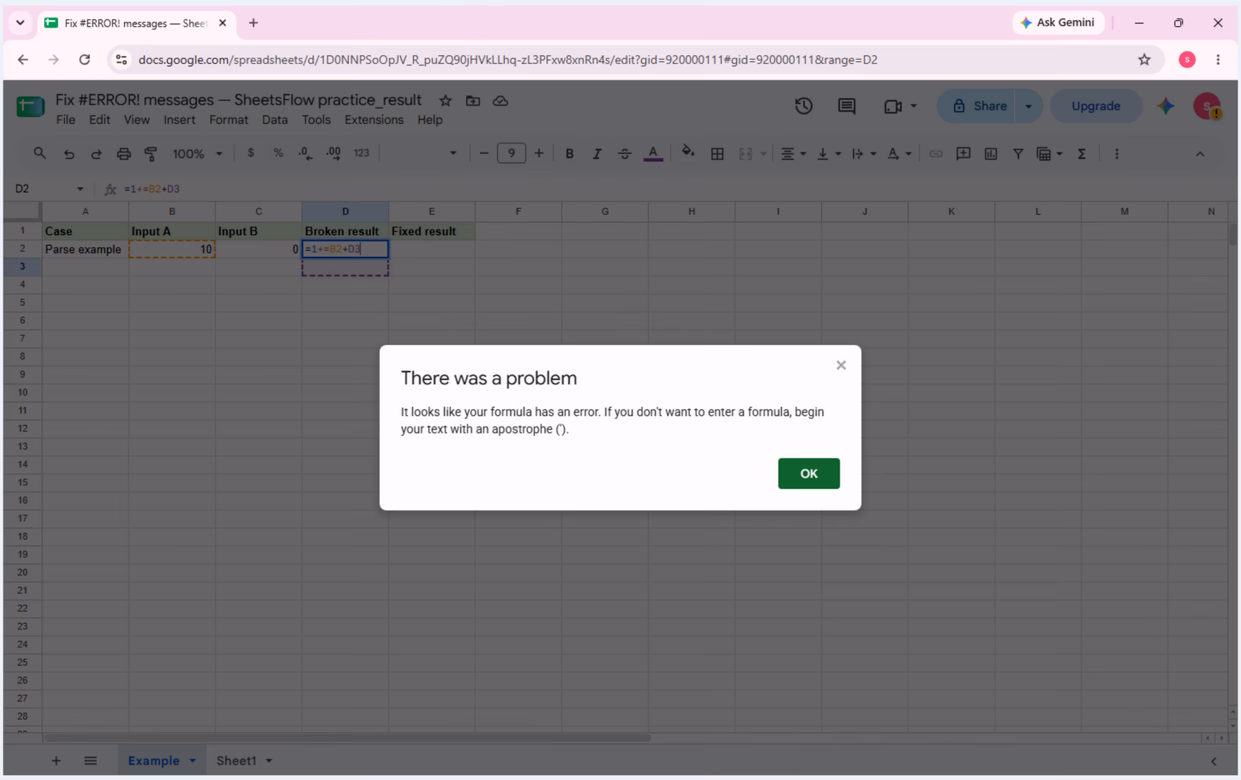 Google Sheets with D2 selected, =B2+ visible in the formula bar, #ERROR! displayed in D2, and the source inputs still visible.