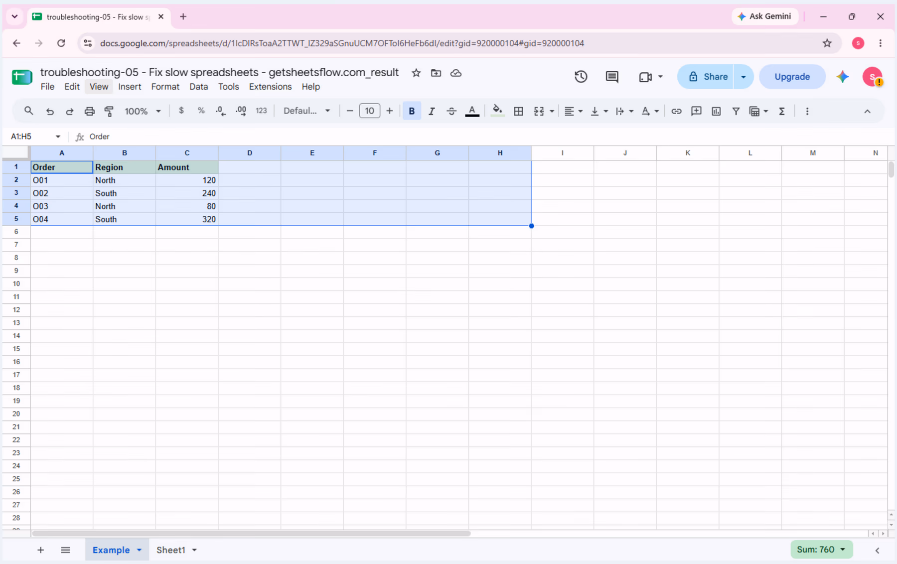 The complete Order, Region, Amount source table in Google Sheets before comparing formulas.
