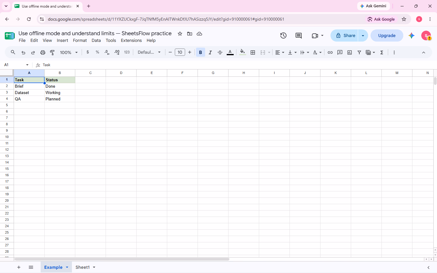 The live _result workbook shows the clean Task and Status sample before changing offline settings.