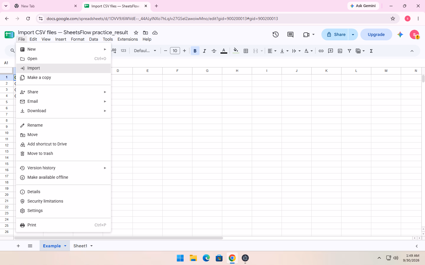 The File menu is open with the pointer directly on the Import command.