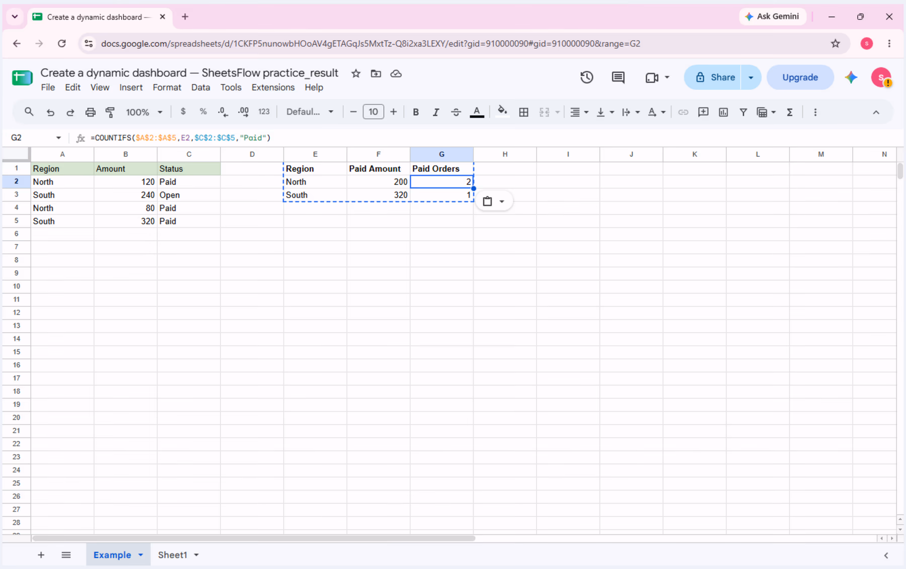 Cell G2 selected with the COUNTIFS formula visible in the formula bar and North Paid Orders calculated as 2.