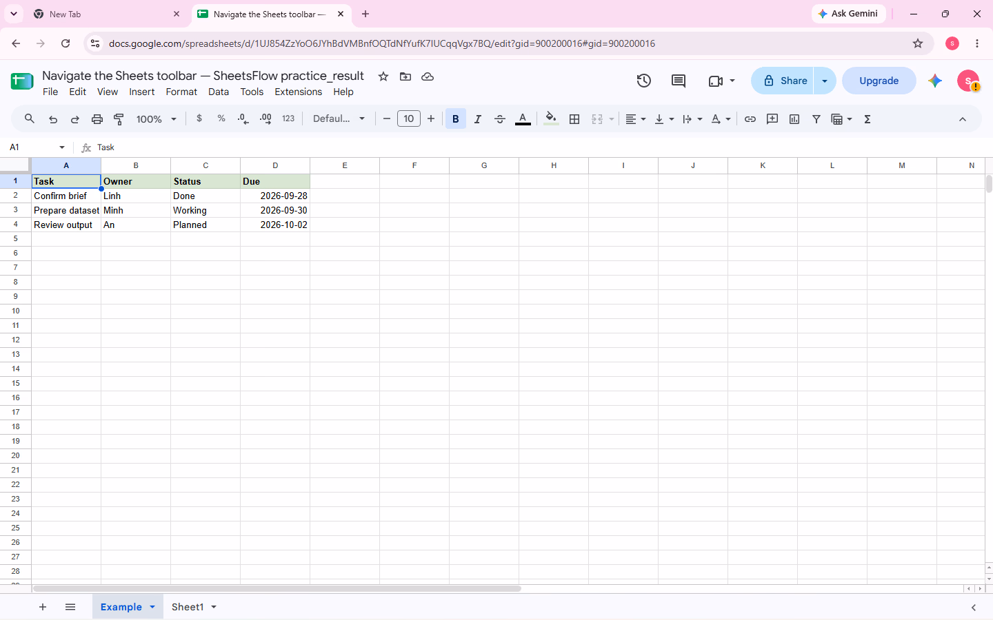 The _result workbook shows the complete Task, Owner, Status, Due table with a light-green header row and no stray data.