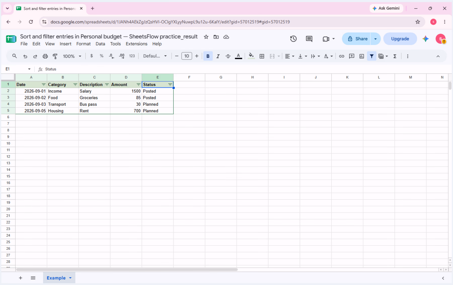After selecting all Status values again, all four source rows are visible in the _result workbook.