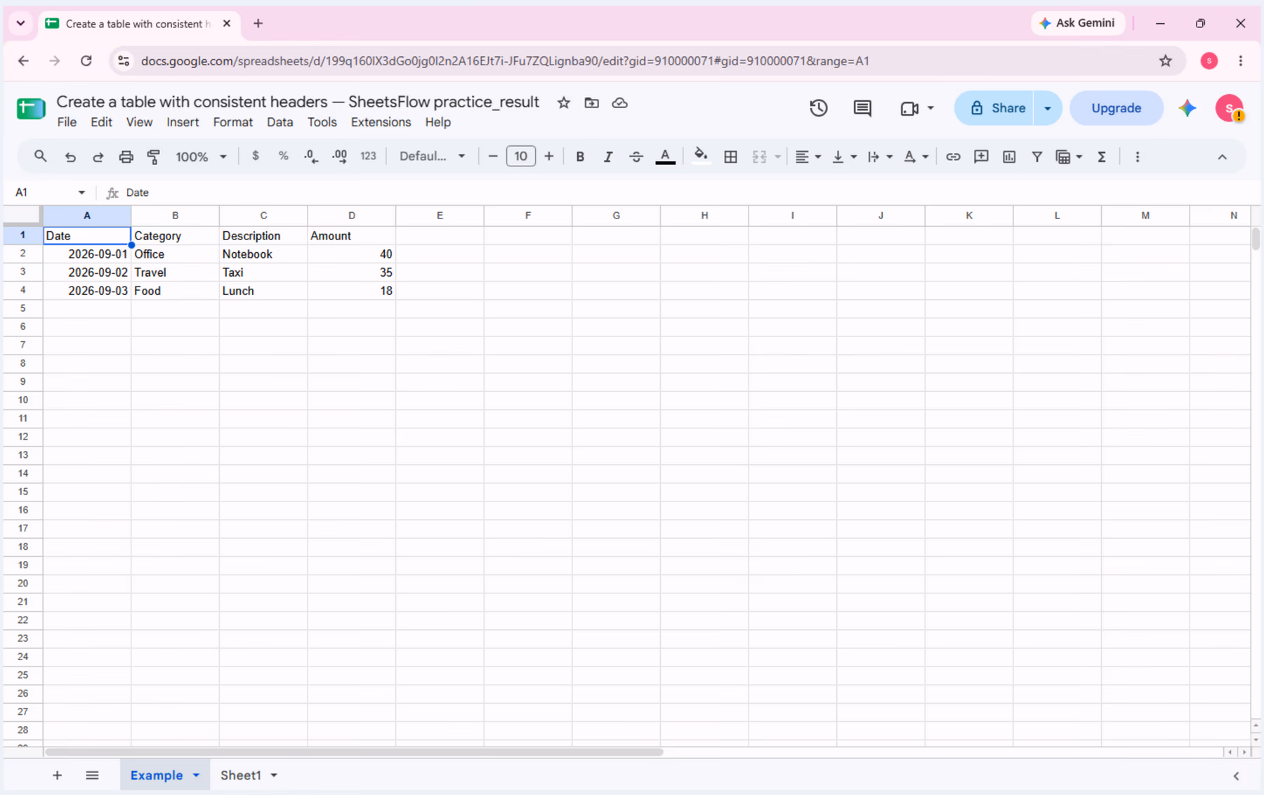 The _result workbook shows the complete source table before header formatting.