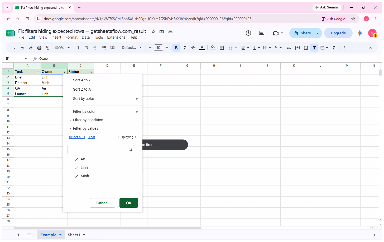 Owner filter popup in Google Sheets showing Filter by values with An, Linh, and Minh all selected.