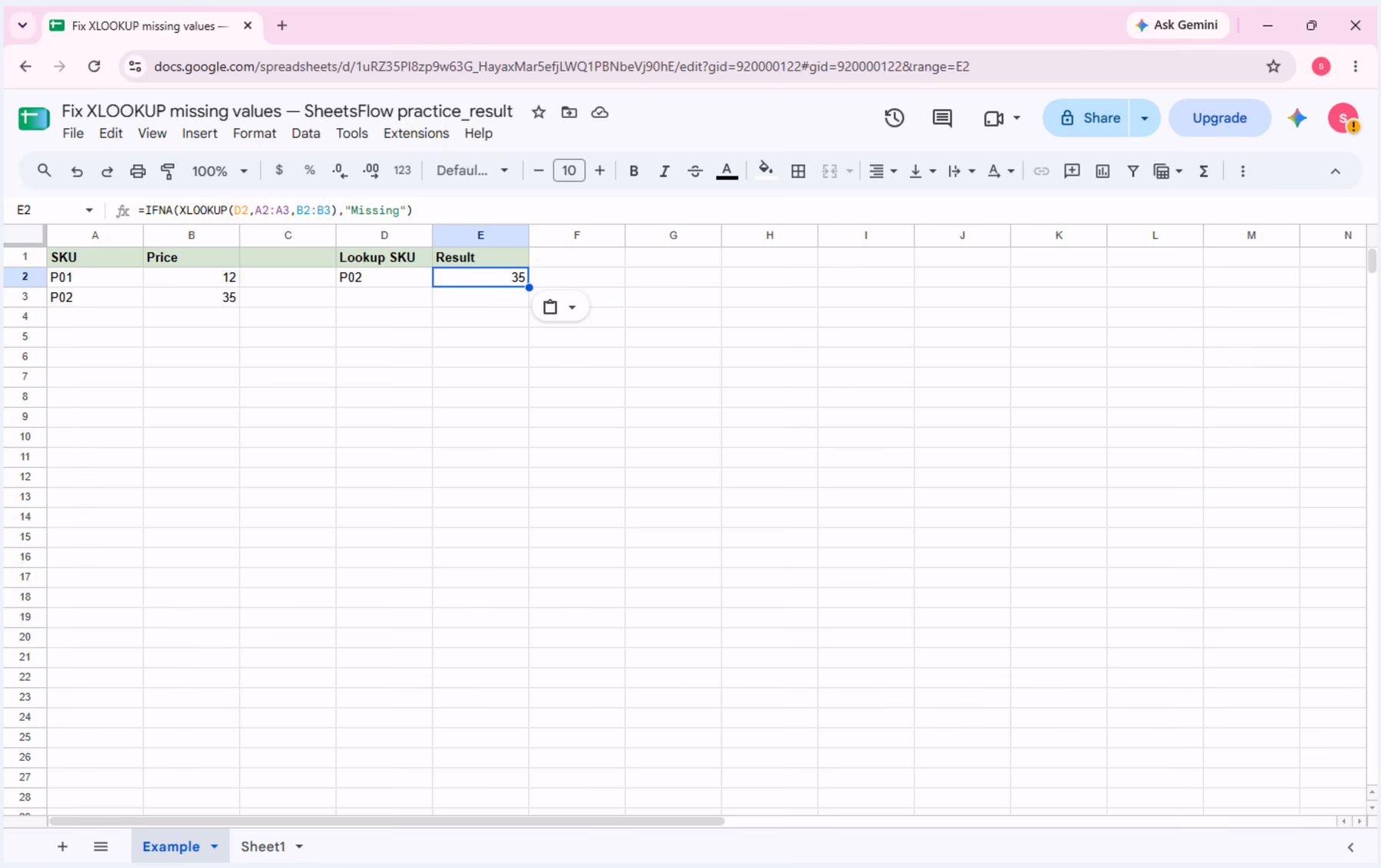Google Sheets with the same IFNA/XLOOKUP formula in E2 returning 35 after the lookup key in D2 is temporarily changed to P02, proving the lookup ranges are aligned.