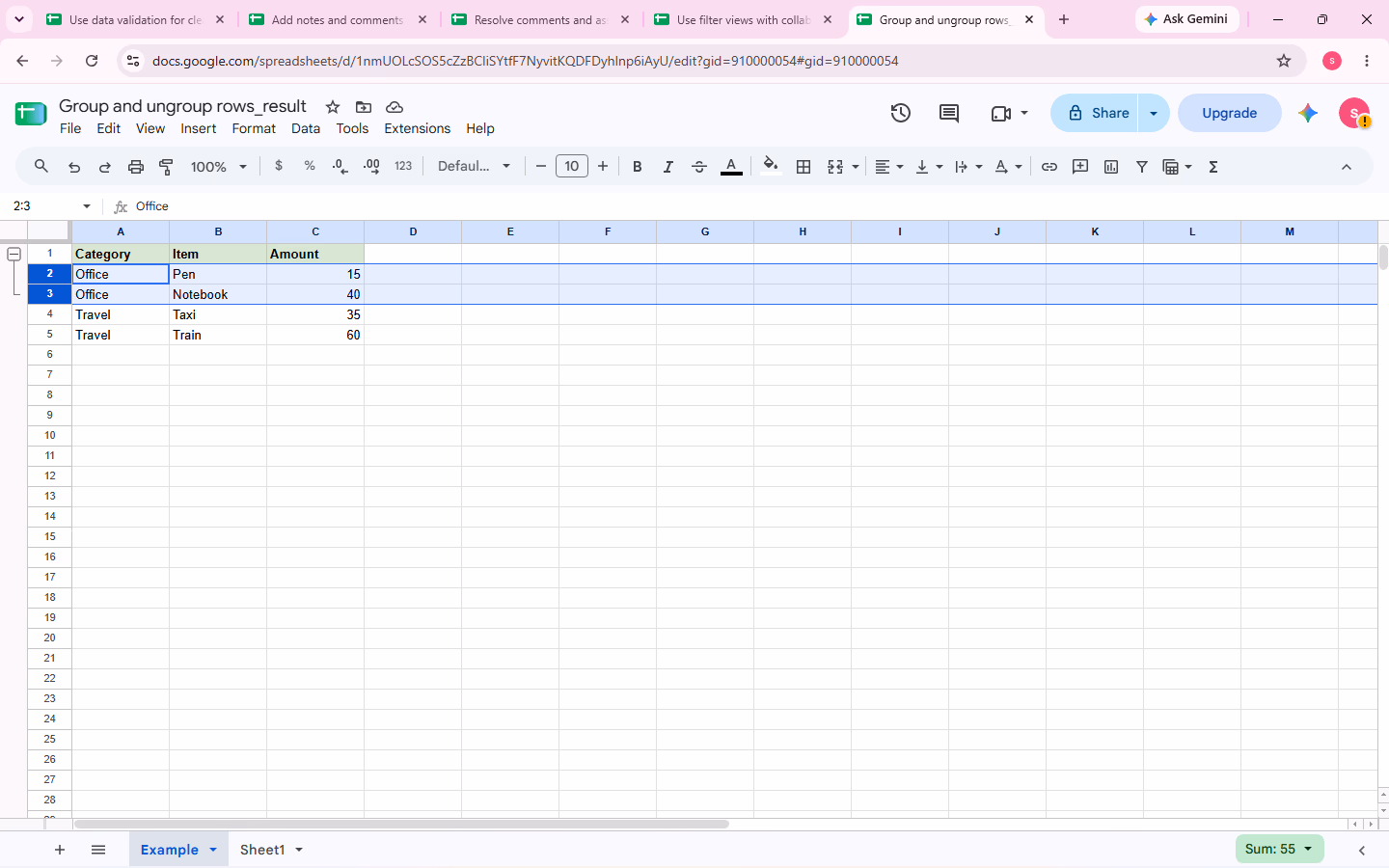 Verified group/ungroup rows evidence for step 2