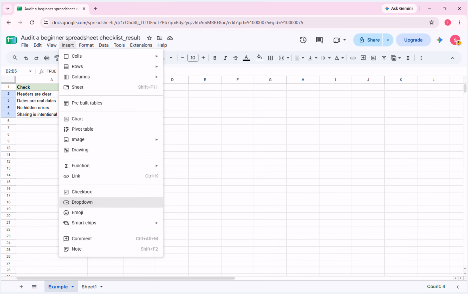 Google Sheets Insert menu open for selected range B2:B5, with the Checkbox command visible.