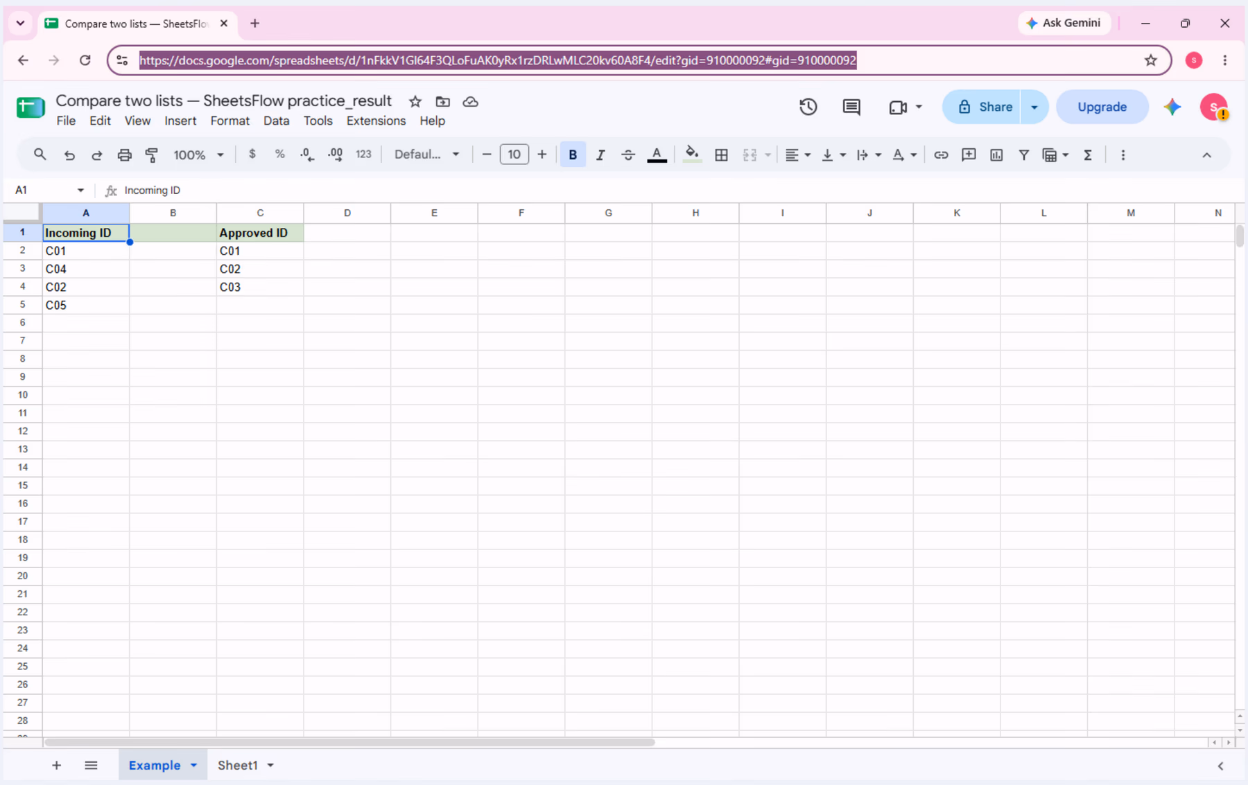 Sample data in A1:C5 in the Google Sheets _result workbook at the start of the current audit, before the Status column is added.