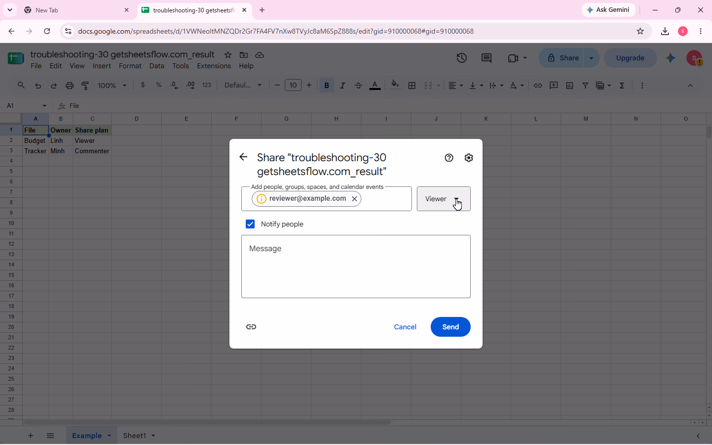 Pending sharing screen with Viewer selected and the cursor on the role dropdown; the invitation is unsent and the complete A1:C3 table remains visible.
