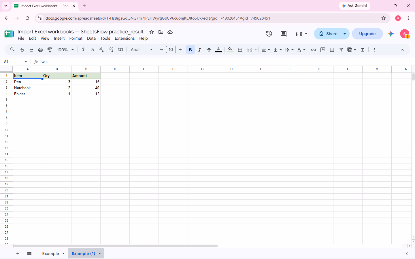 The imported Example (1) sheet shows Item, Qty, Amount and all three rows unchanged, while the original Example sheet remains separate.