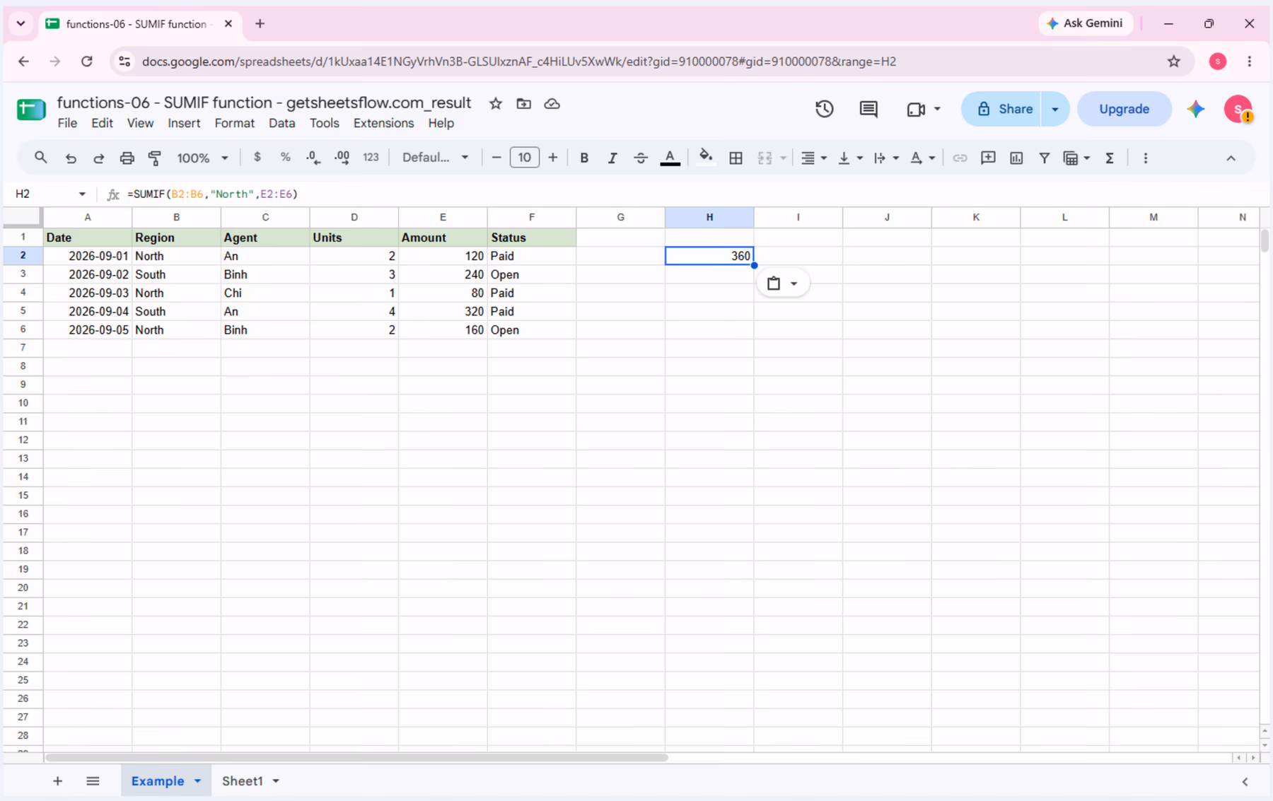 The result cell is selected with the formula visible in the formula bar and the complete source table available for comparison.