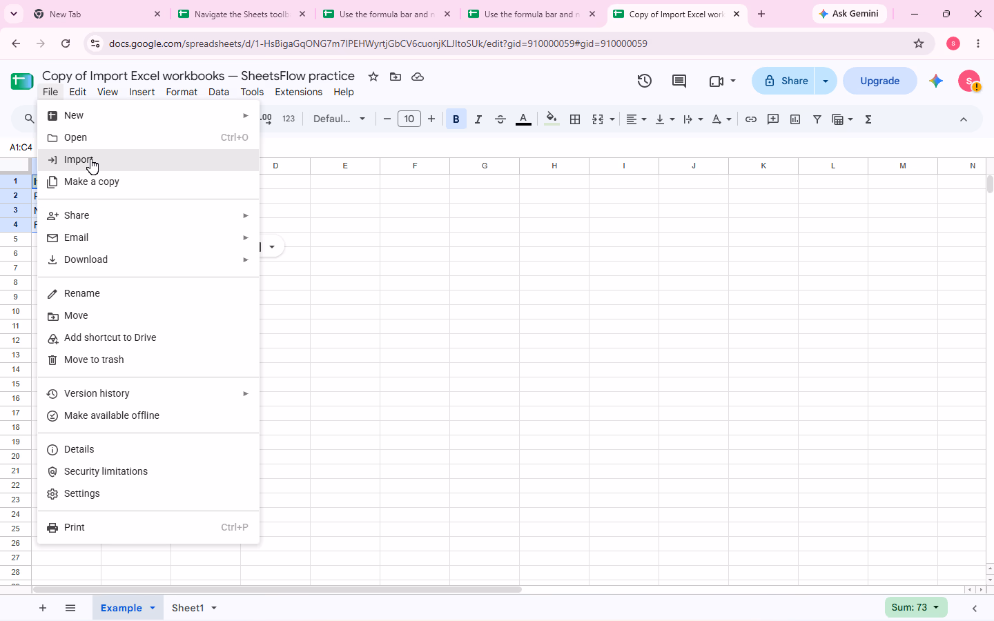 File menu open in the _result workbook with the pointer placed directly on Import.