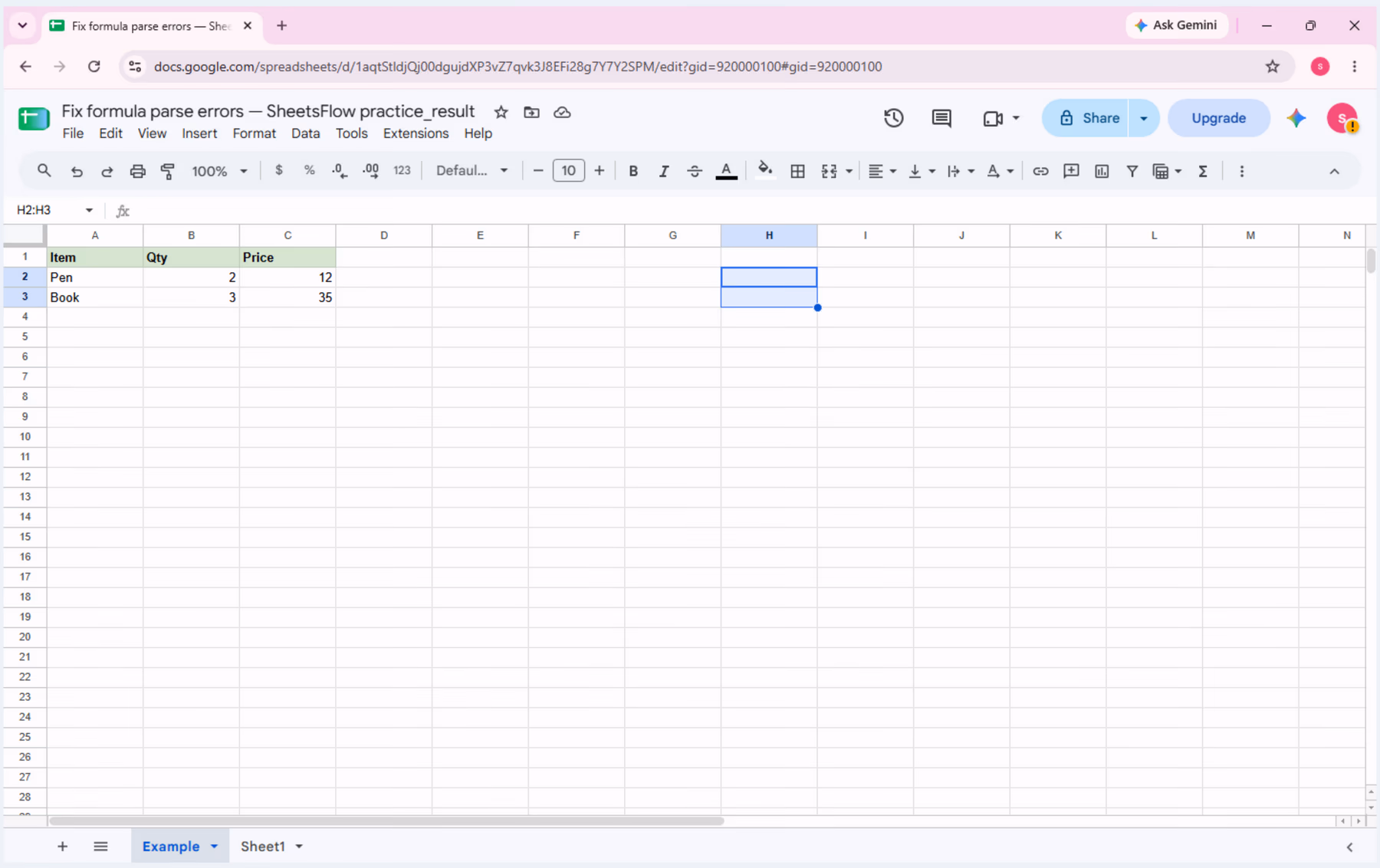 Google Sheets _result workbook showing the Item, Qty, and Price source table before reproducing the formula parse error.